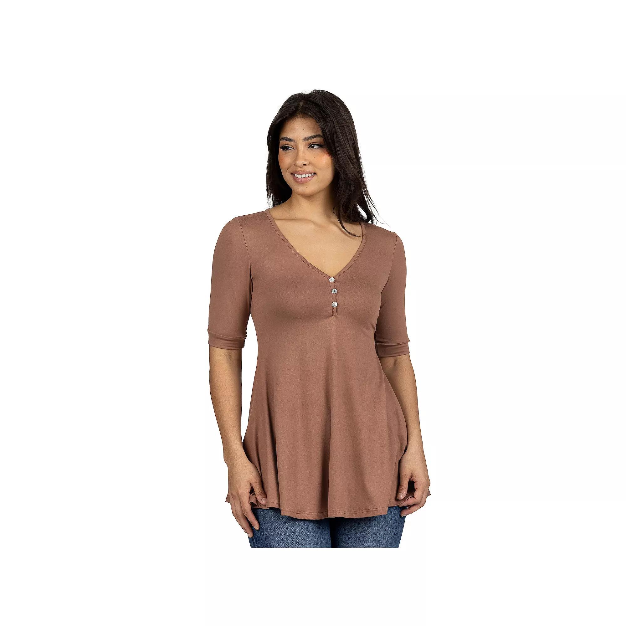 Women's 24seven Comfort Apparel Short Sleeve Tunic Top with Button Detail,  Product Image