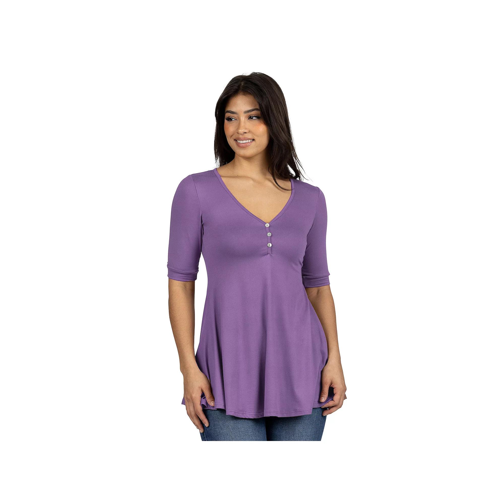 Women's 24seven Comfort Apparel Short Sleeve Tunic Top with Button Detail,  Product Image