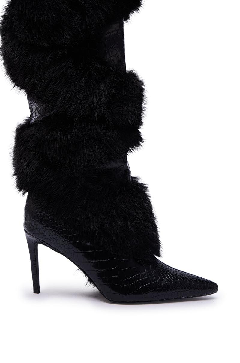 AZALEA WANG CONRADDE BLACK MIXED MATERIAL FUR AND SNAKE STILETTO BOOT Product Image