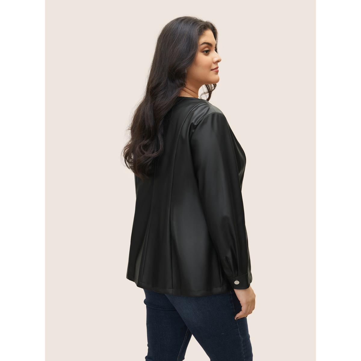 Plus Size PU Leather Pocket Zipper Jacket Women Black Non Side seam pocket Everyday Jackets BloomChic 12/L Product Image