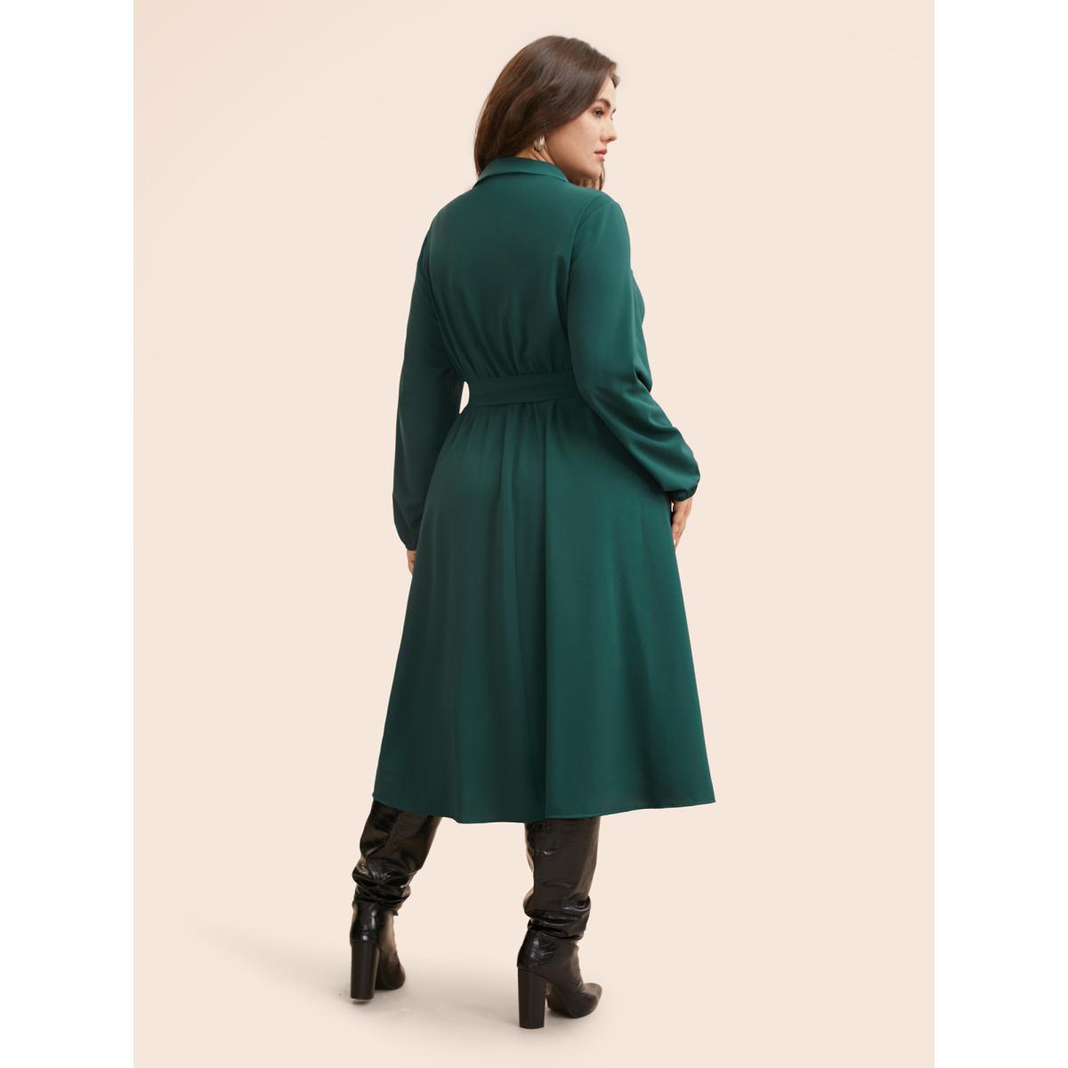 Plus Size Suit Collar Pleated Belted Midi Dress DarkGreen Women At the Office Belted Suit Collar Long Sleeve Curvy BloomChic 12/L Product Image
