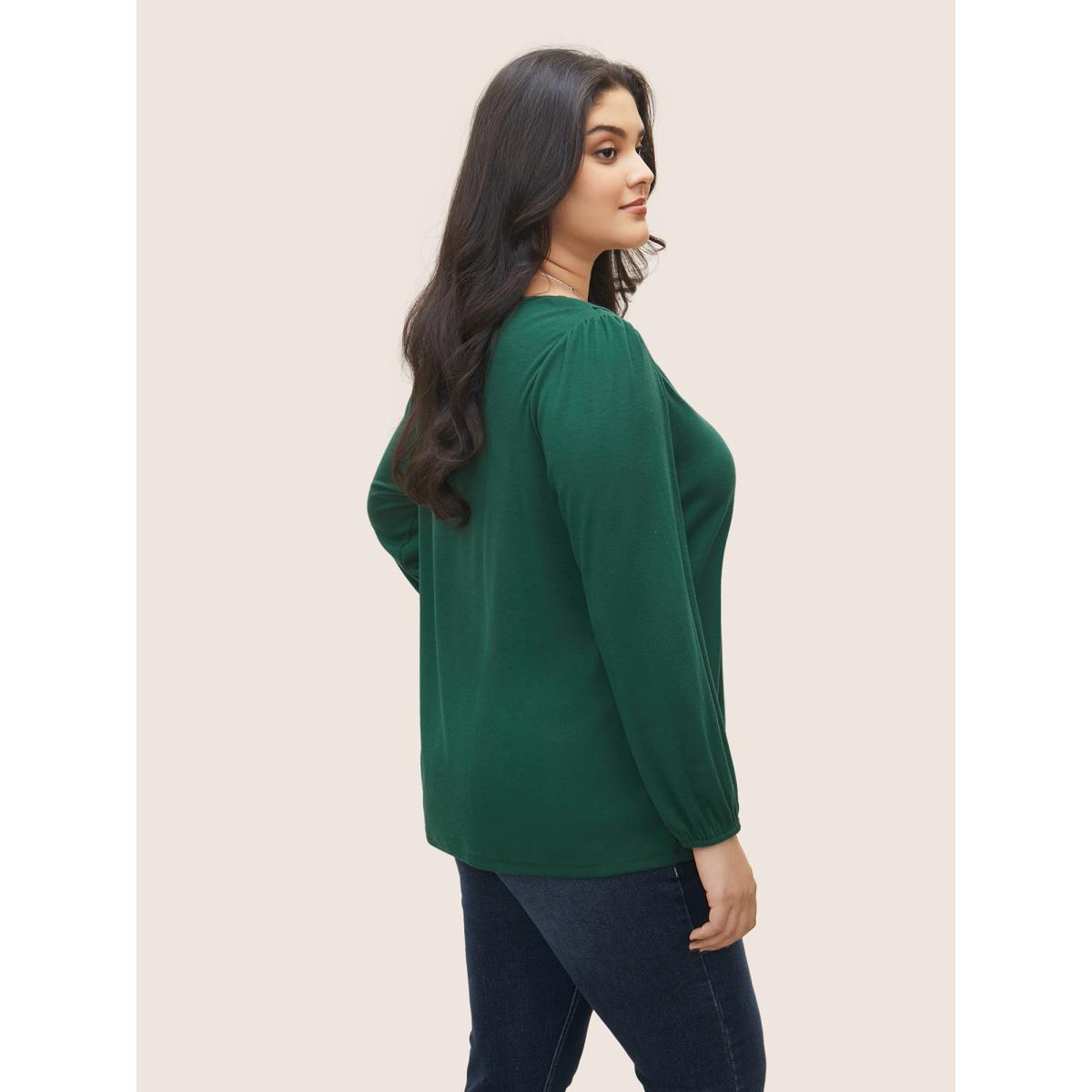 Plus Size Elastic Cuffs Asymmetrical Neck Button Detail T-shirt DarkGreen Women Elegant Button Plain Asymmetrical Neck Everyday T-shirts BloomChic 22-24/3X Product Image