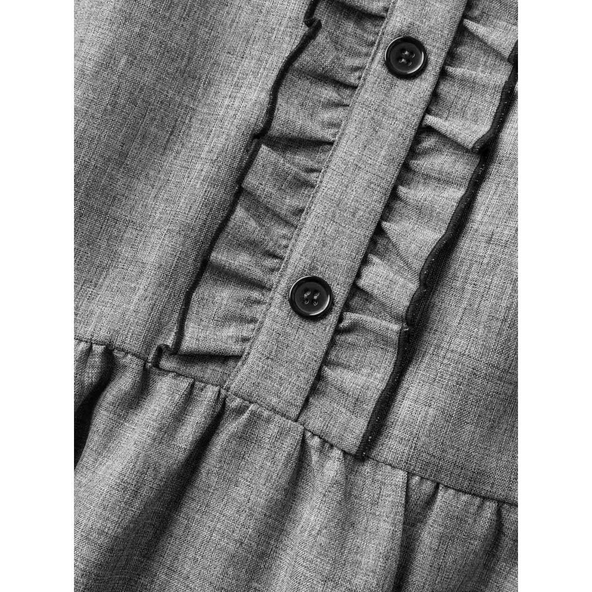 Plus Size Ruffled Trim Shirt Collar Flared Midi Dress DarkGray Women Office Frill Trim Shirt collar Cap Sleeve Curvy BloomChic 12/L Product Image