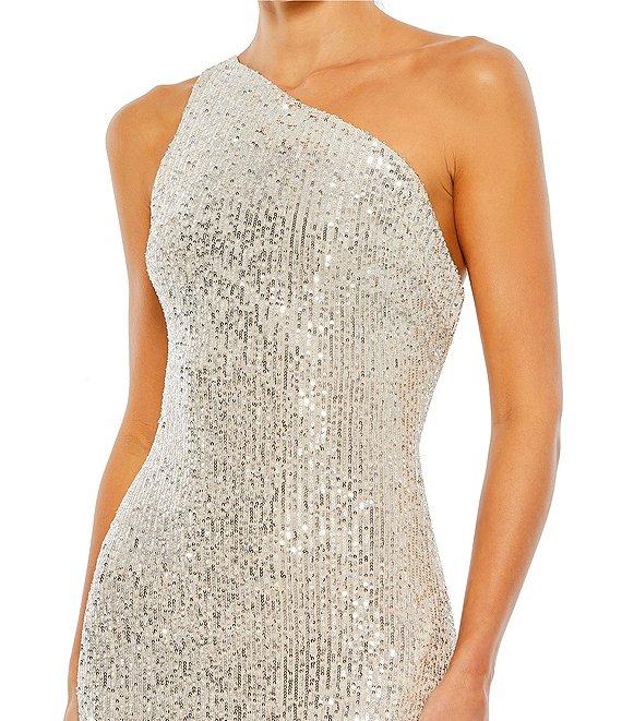 Mac Duggal Sequined Asymmetrical One Shoulder Sleeveless Strappy Open Back Detail Thigh High Slit Gown Product Image