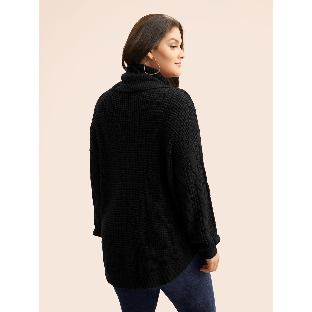 Plus Size Turtleneck Cable Knit Curved Hem Pullover Black Women Casual Loose Long Sleeve Turtleneck Everyday Pullovers BloomChic 22-24/3X Product Image