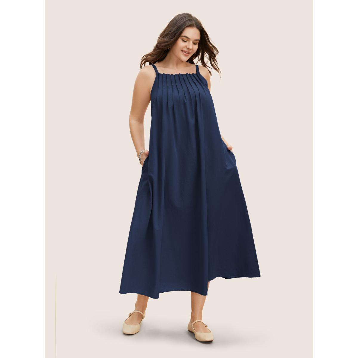 Plus Size Cotton Plain Pleated Loose Fit Cami Dress Navy Women Casual Ruffles Non Sleeveless Curvy BloomChic 26/4X Product Image