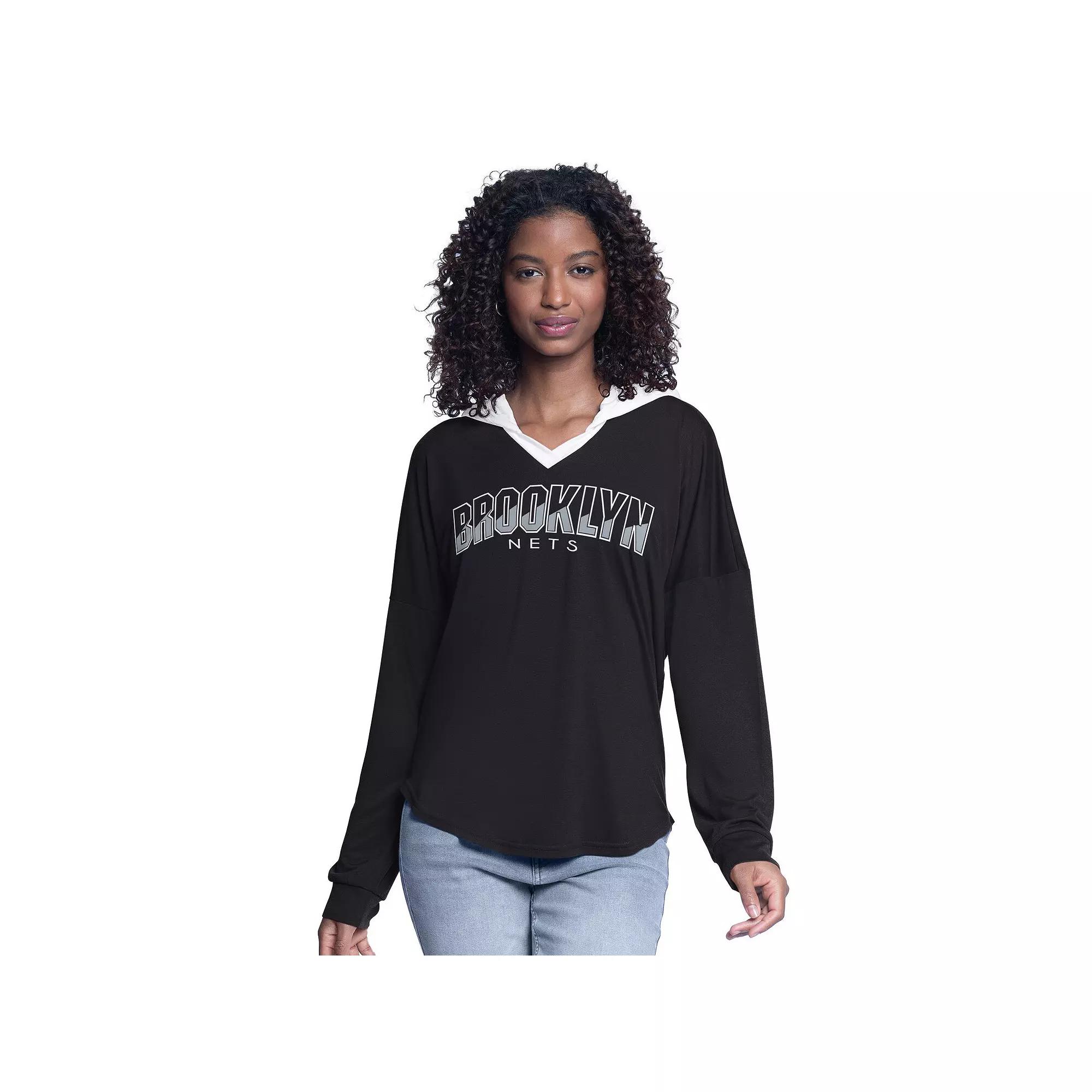 Women's G-III 4Her by Carl Banks Black Brooklyn Nets Bench Player Oversized Long Sleeve Hooded Top, Size: Medium Product Image