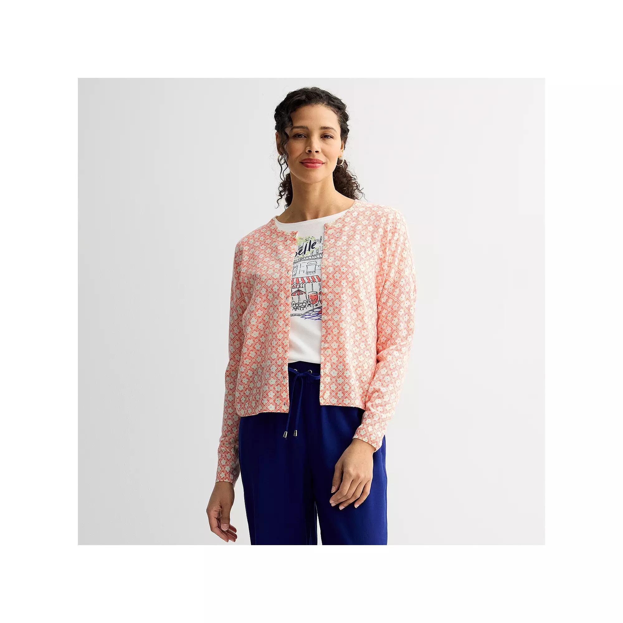 Women's Croft & Barrow® Crewneck Long Sleeve Classic Cardigan, Size: Small, Pink Floral Tile Product Image
