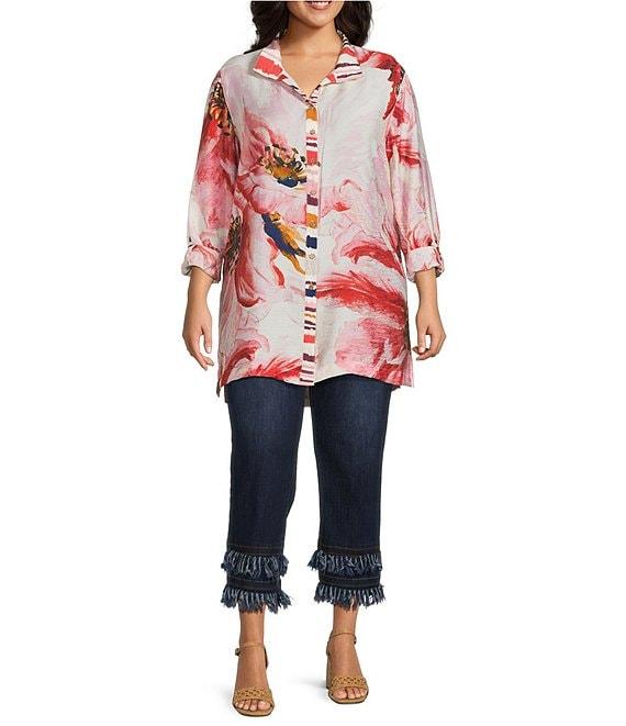 John Mark Plus Size Floral Wire Collar Long Roll-Tab Sleeve Hi-Low Hem Button-Front Tunic Product Image