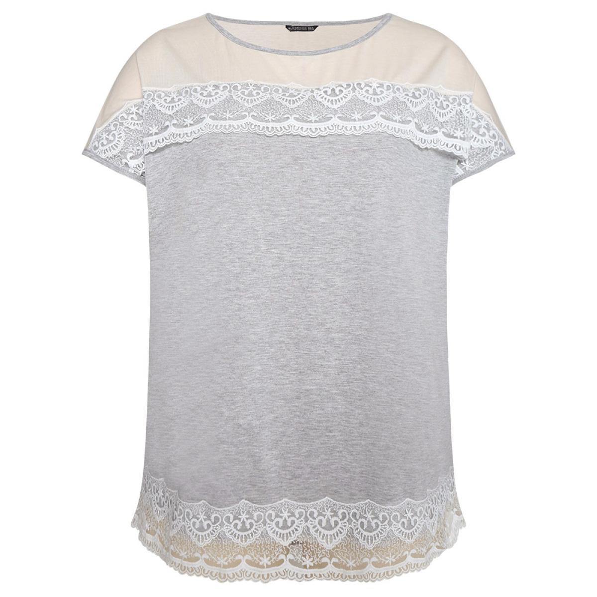 Plus Size Lace Panel Contrast Batwing Sleeve T-shirt Gray Women Elegant Contrast Plain Round Neck Dailywear T-shirts BloomChic 18-20/2X Product Image