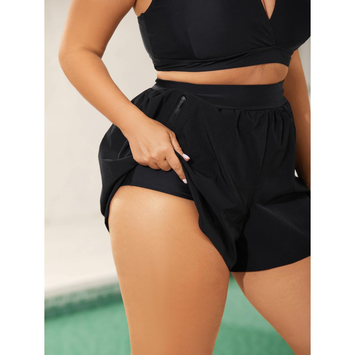 Plus Size Zipper Pockets Straight-Leg Swim Bottoms Women's Swimwear Black Resort High stretch Bodycon High Rise Zippered pocket Curve Swim Bottoms BloomChic 12/L Product Image