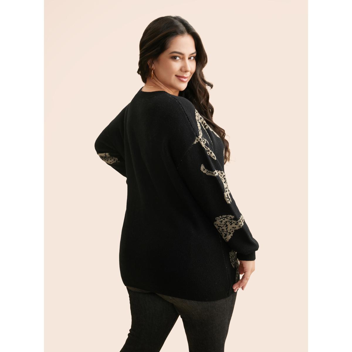 Plus Size Animal Jacquard Drop Shoulder Sleeve Pullover Black Women Casual Long Sleeve Round Neck Everyday Pullovers BloomChic 14-16/1X Product Image