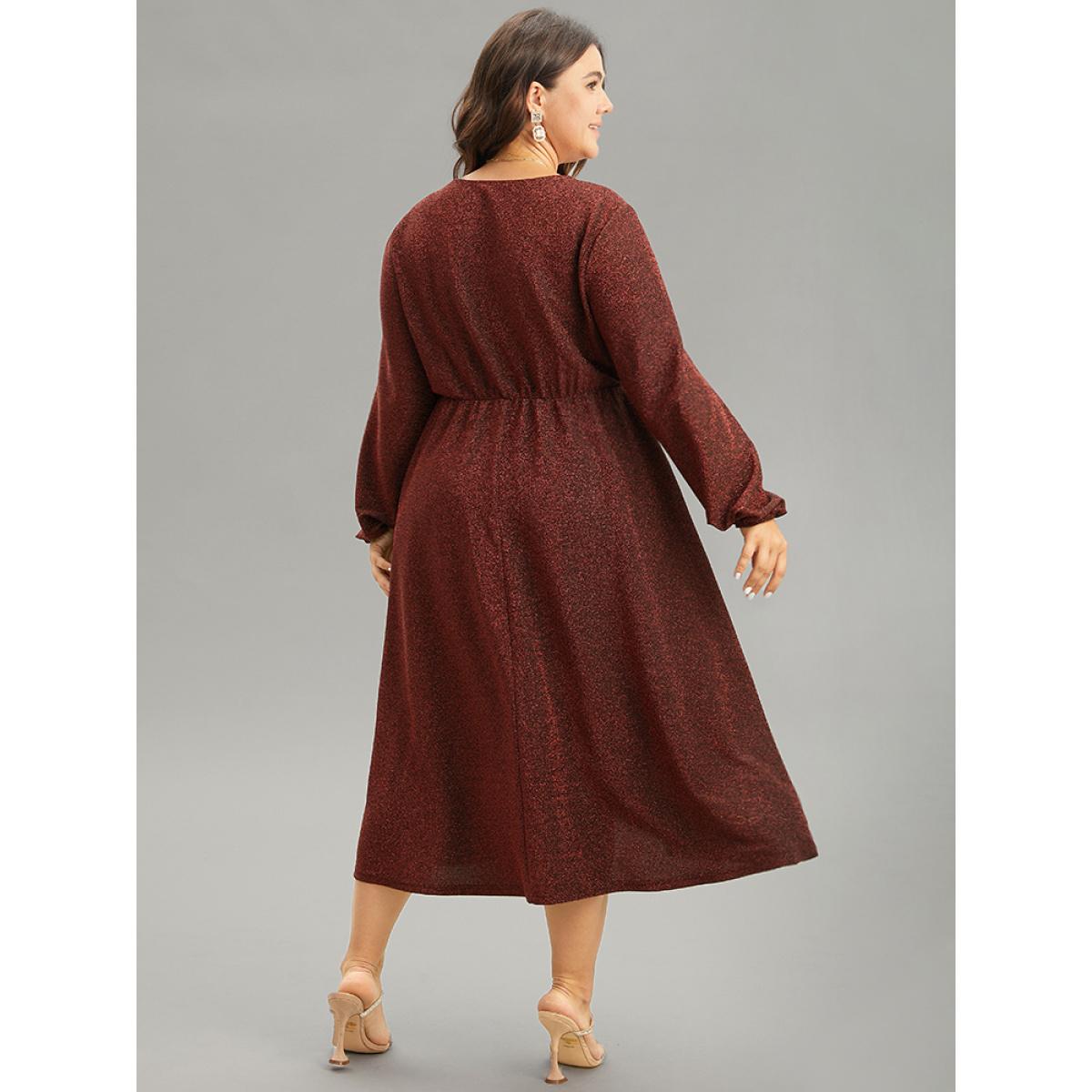 Plus Size Luxe Overlap Collar Gathered Split Hem Dress Scarlet Women Glamour Elastic cuffs Overlap Collar Long Sleeve Curvy Midi Dress BloomChic 28/5X Product Image