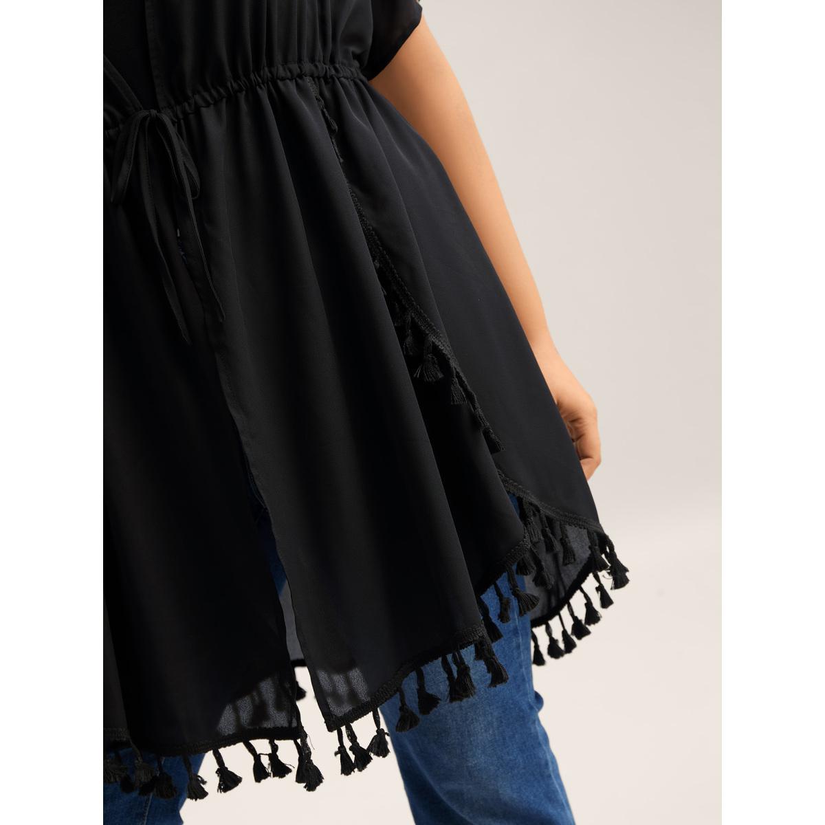 Plus Size Overlap Hem Waist-Tie Sheer Kimono Women Black Overlapping Vacation Kimonos BloomChic 14-16/1X Product Image