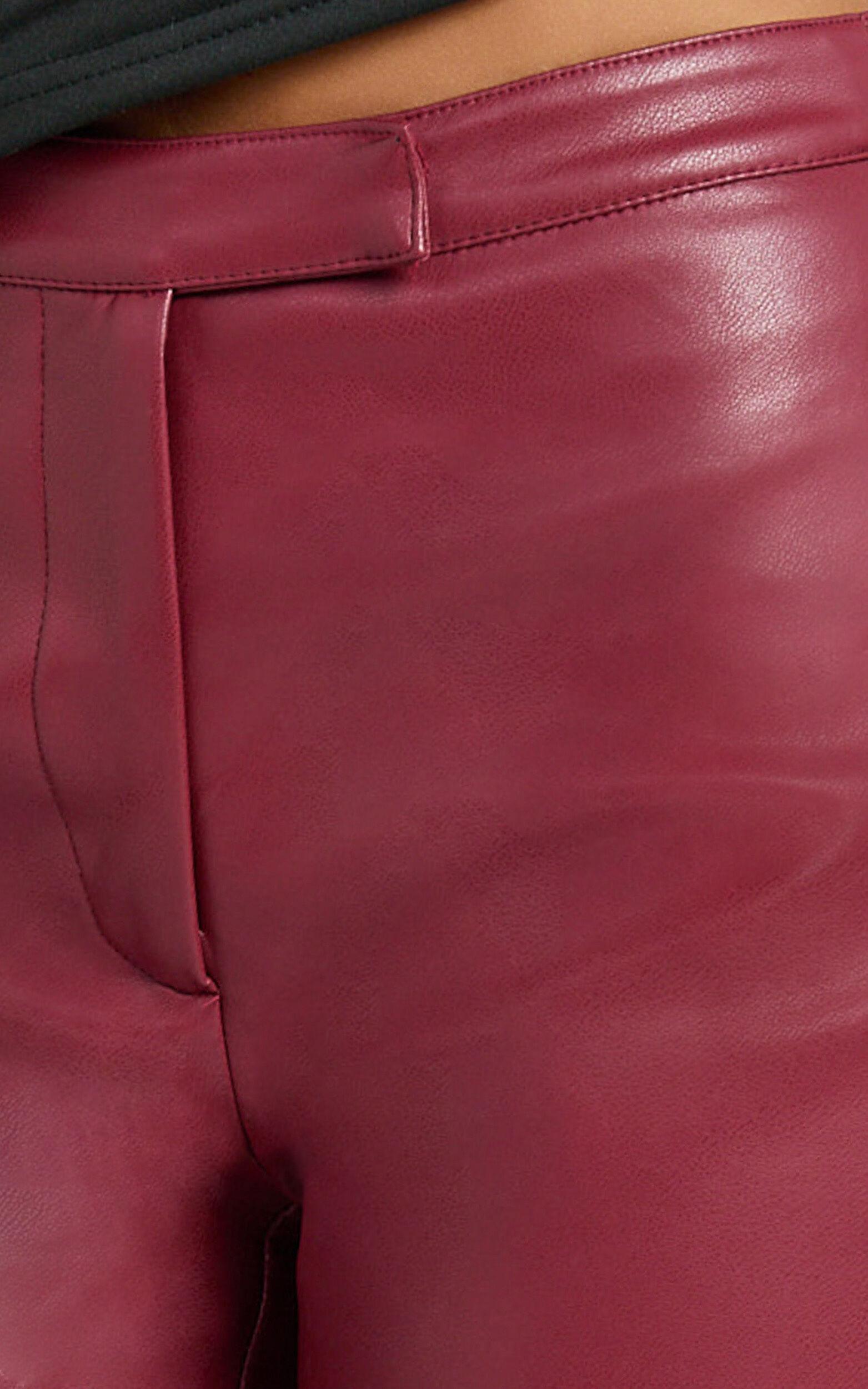 Marzia Pants - Faux Leather Mid Waisted Straight Leg Pants in Wine Product Image