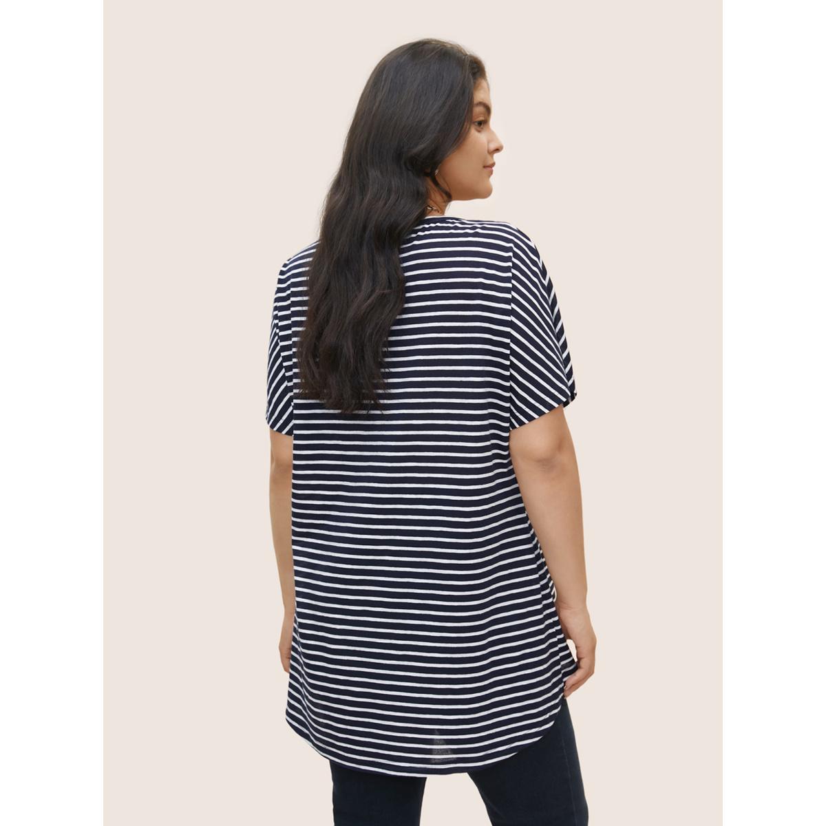 Plus Size Striped Dolman Sleeve Curved Hem T-shirt Midnight Women Casual Non Striped Round Neck Everyday T-shirts BloomChic 14-16/1X Product Image