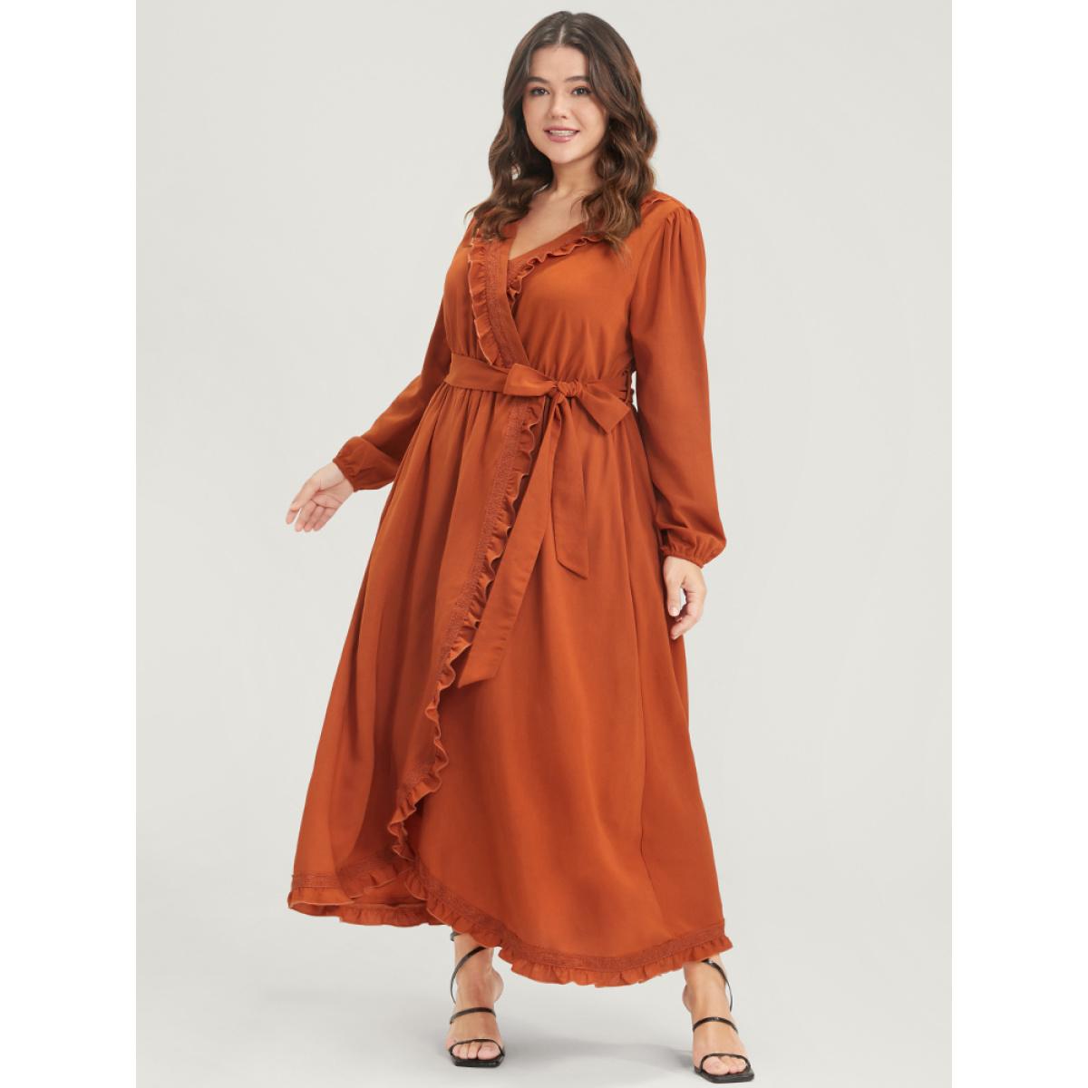 Plus Size Solid Lantern Sleeve Pocket Frill Trim Wrap Belted Dress Rust Women Elegant Plain V-neck Long Sleeve Curvy Long Dress BloomChic 18-20/2X Product Image