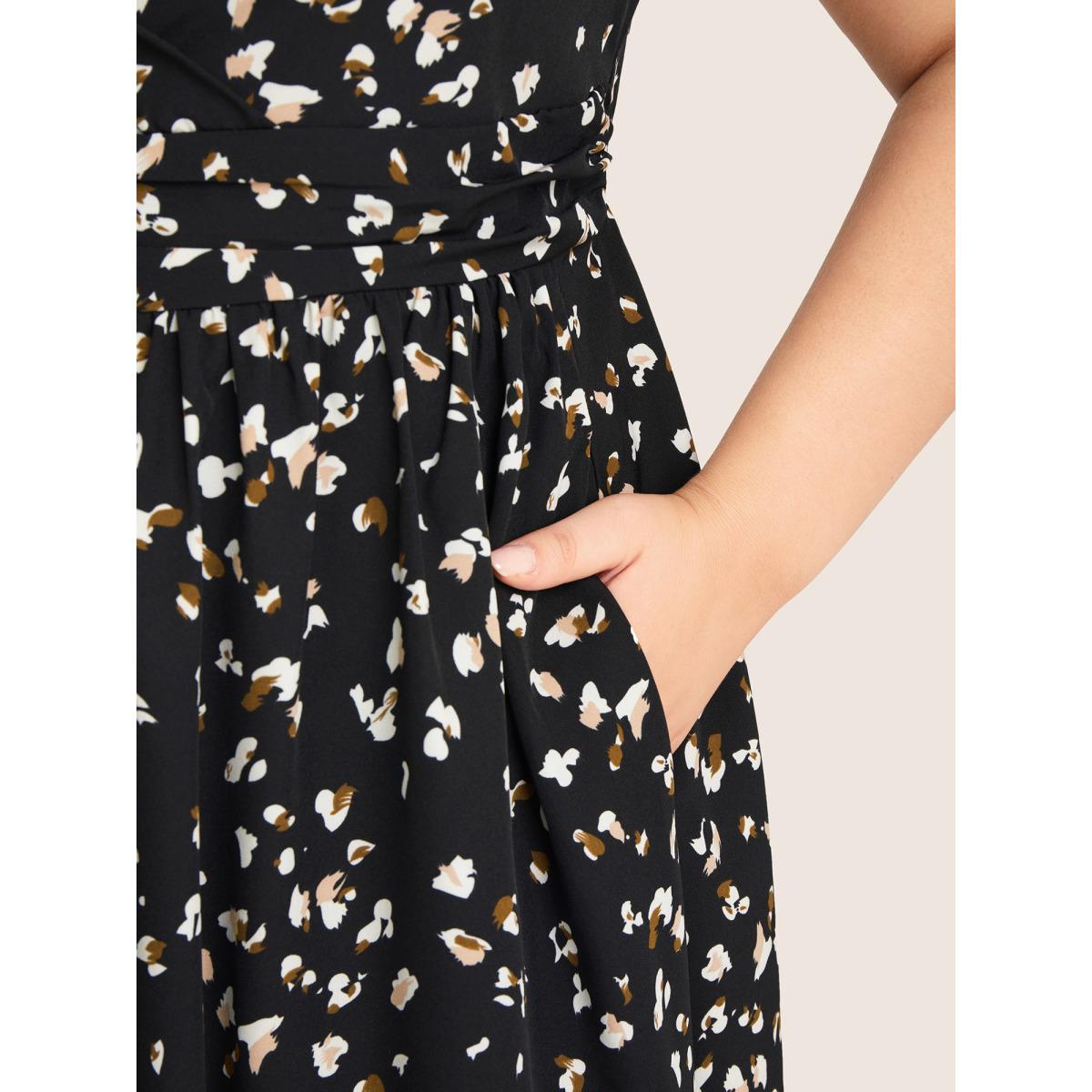 Plus Size Allover Print Pocket Flutter Crossover Ruched Tank Dress Black Women Elegant Twist Round Neck Sleeveless Curvy Midi Dress BloomChic 12/L Product Image