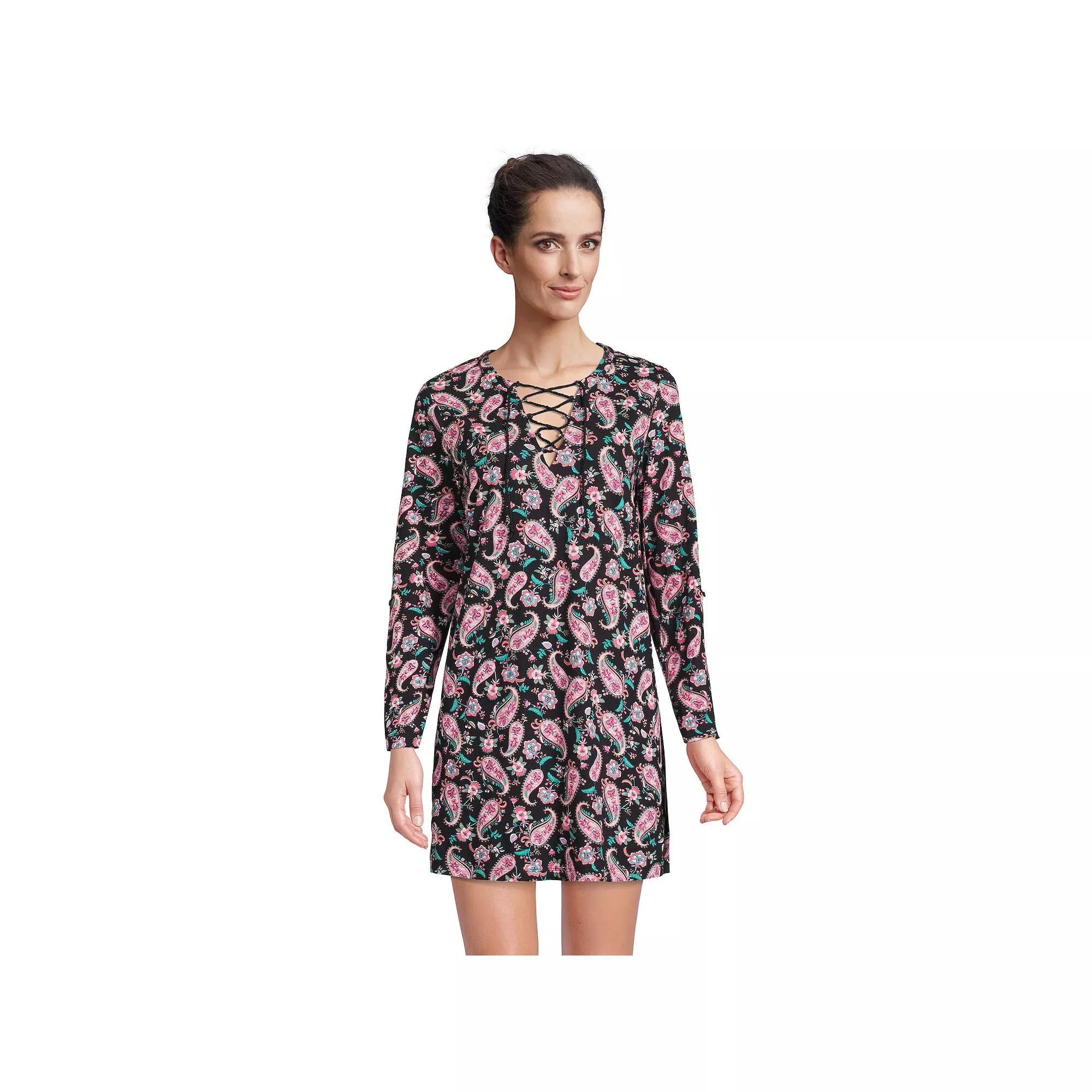 Women's Lands' End V-neck Tunic Swim Cover-Up Shirtdress, Size: Small, Black Paisley Floral Product Image