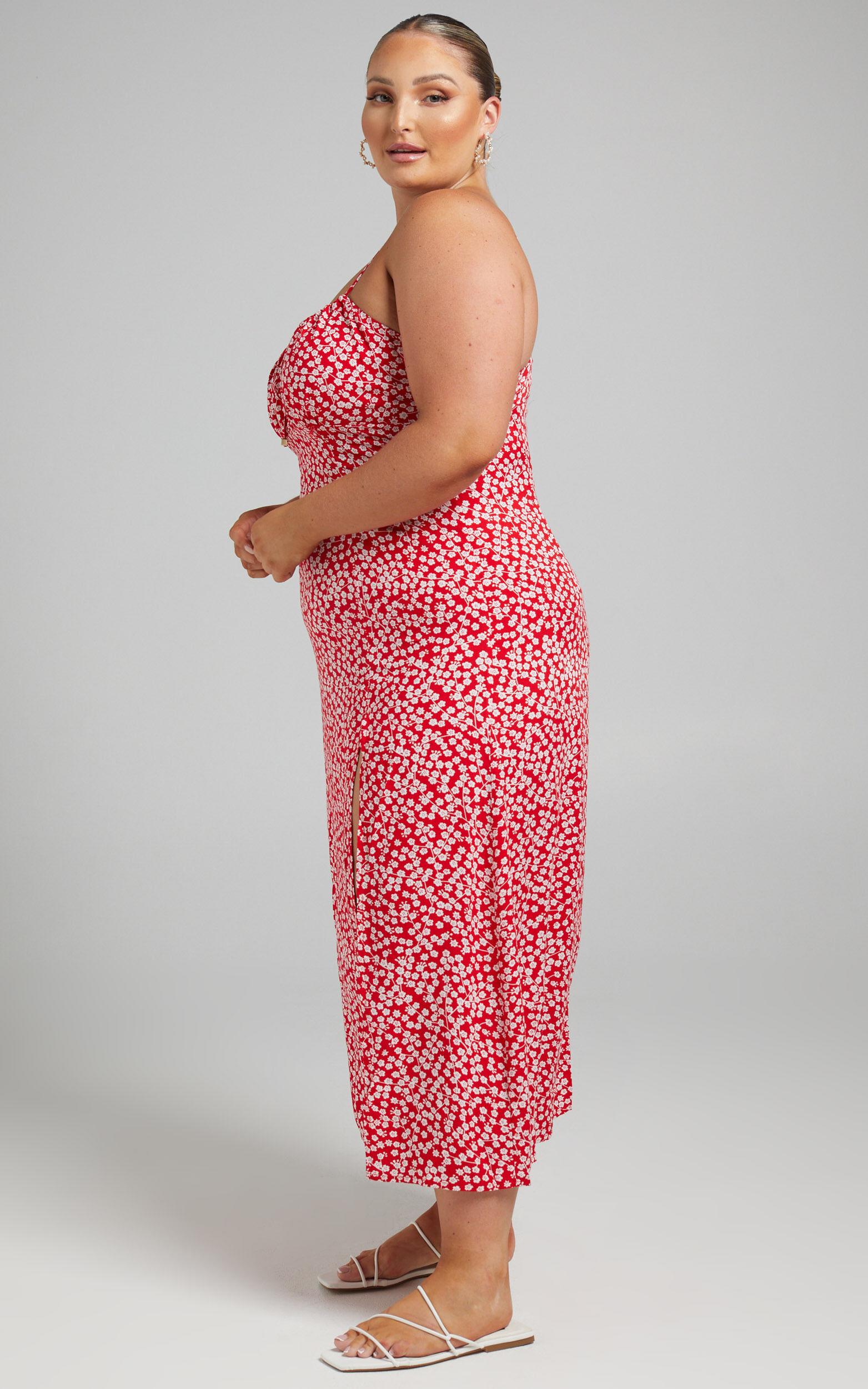 Willa Midi Dress - Ruched Bust Thigh Split Dress in Red Floral Product Image