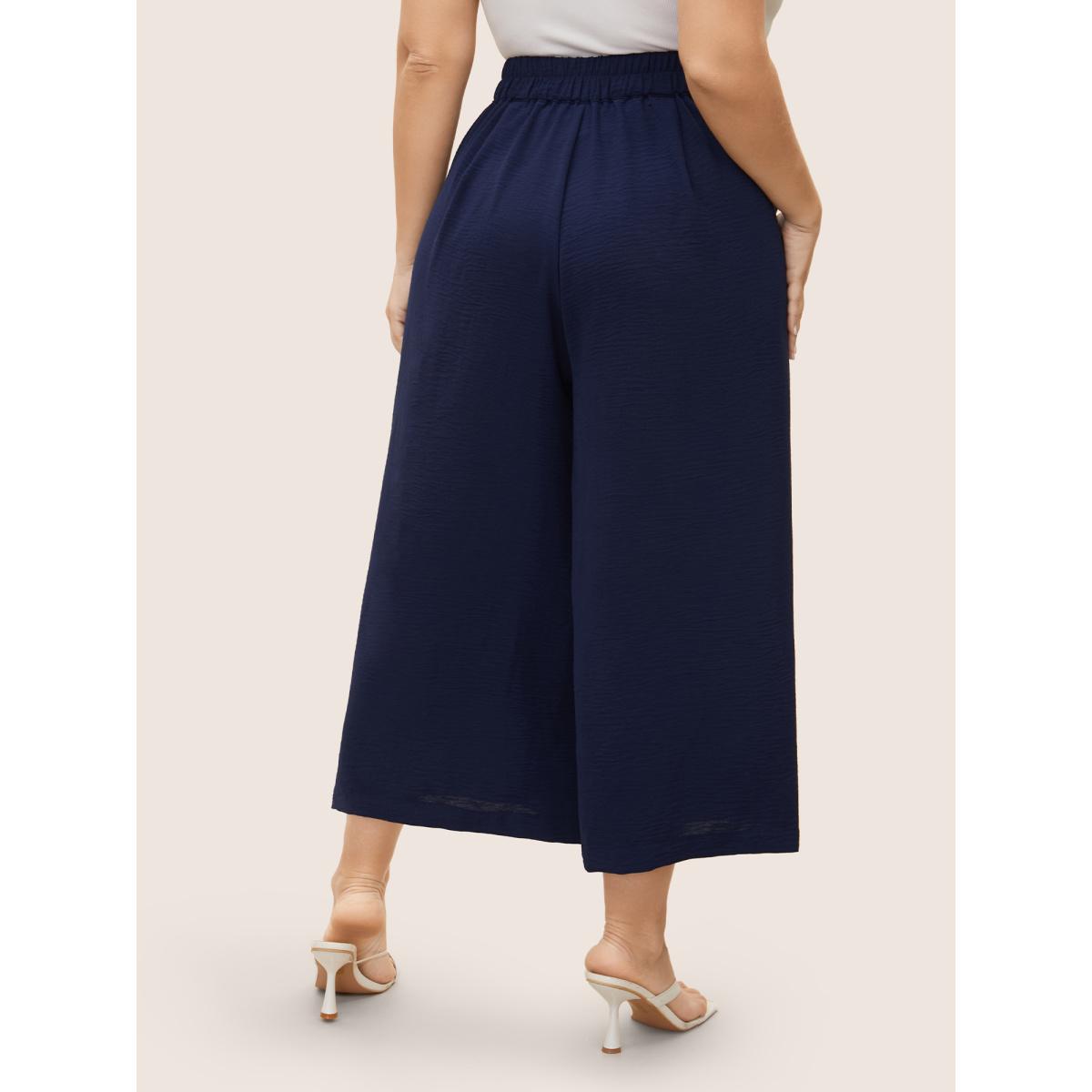 Plus Size Solid Button Up Gathered Wide Leg Pants Women Indigo Elegant Wide Leg Mid Rise Everyday Pants BloomChic 18-20/2X Product Image