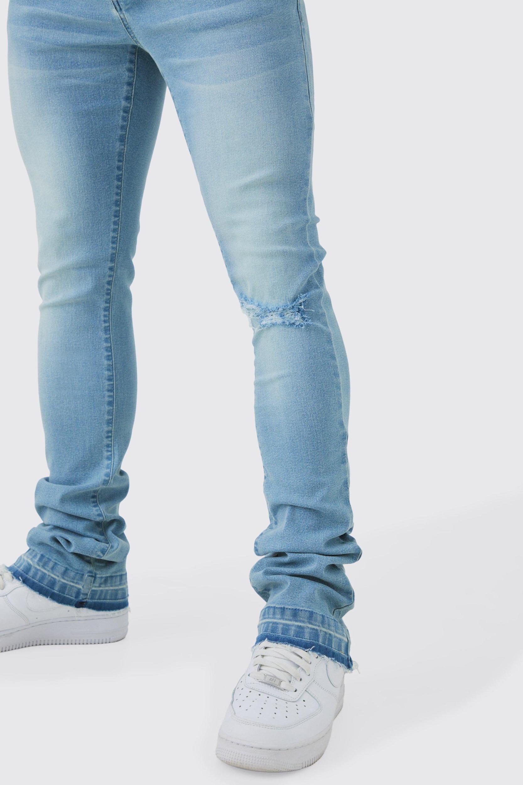 Skinny Stacked Flared Jeans With Knee Rip | boohooMAN USA Product Image