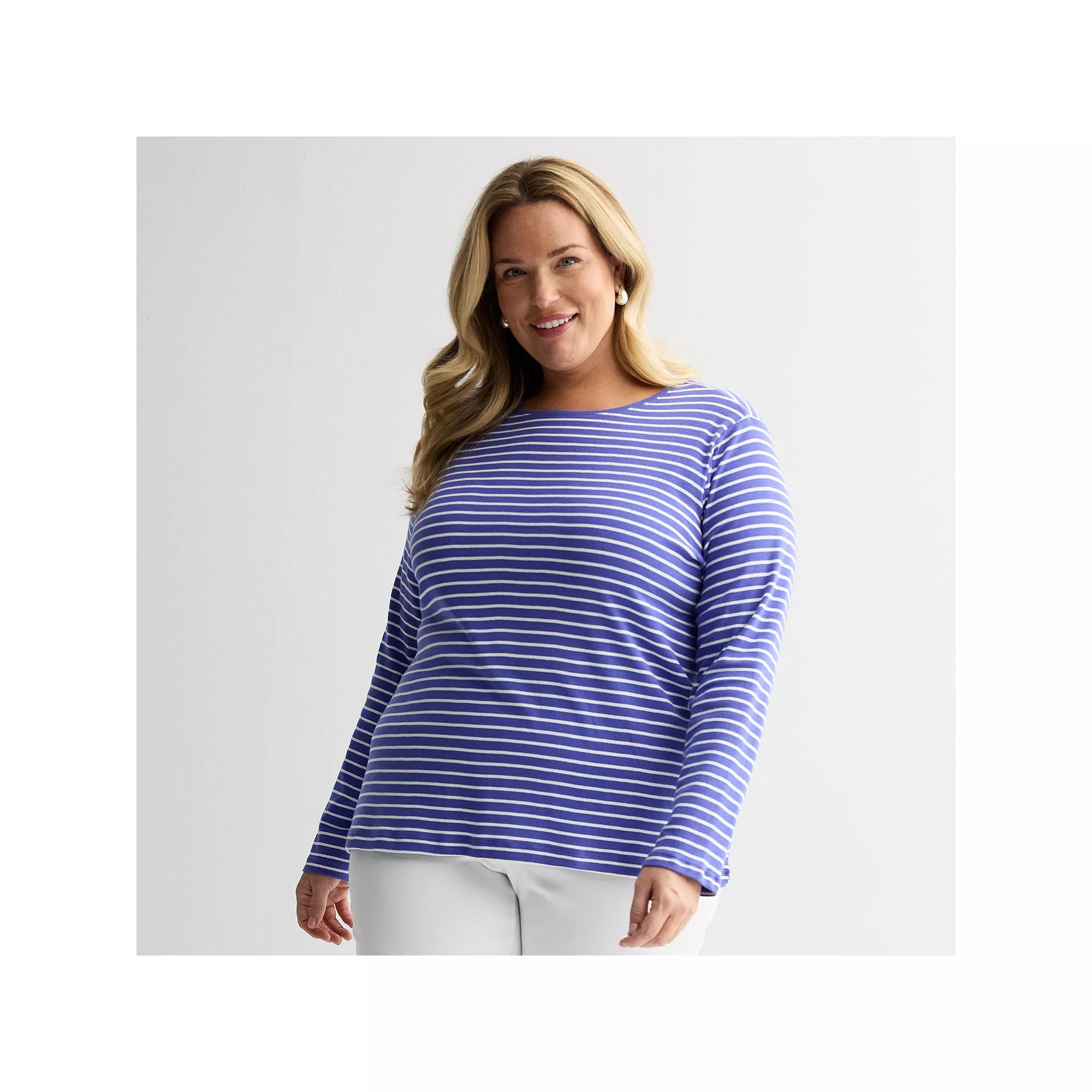 Plus Size Croft & Barrow® Essential Crewneck Long Sleeve Tee, Women's, Size: 1XL, Purple Clean Stripe Product Image