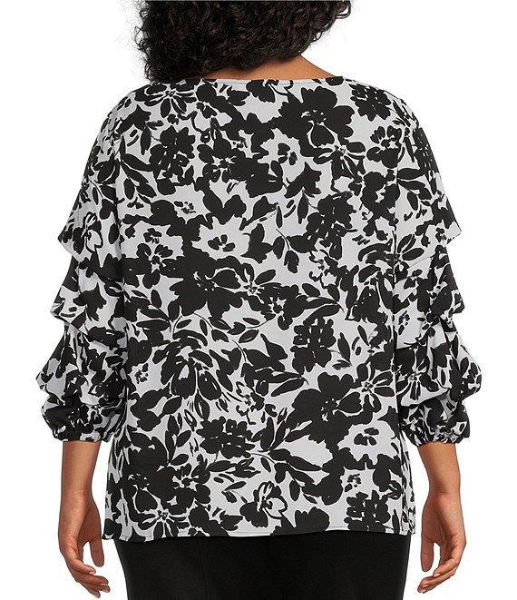 Slim Factor By Investments Plus Size Ink Stroke Print Kara Boat Neck 3/4 Tiered Sleeve Top Product Image