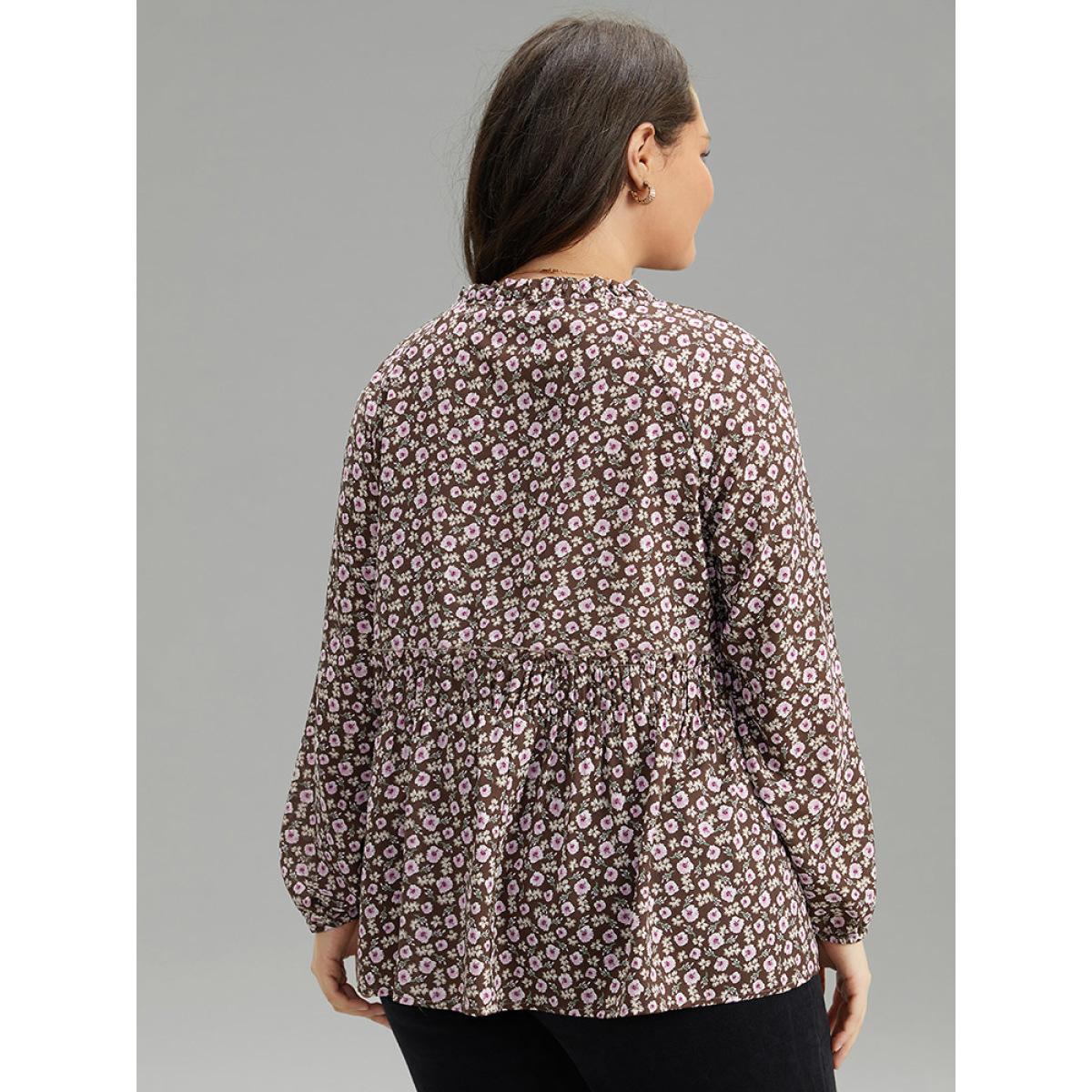 Plus Size DarkBrown Ditsy Floral Knot Neck Gathered Blouse Women Elegant Long Sleeve Tie Neck Dailywear Blouses BloomChic 12/L Product Image