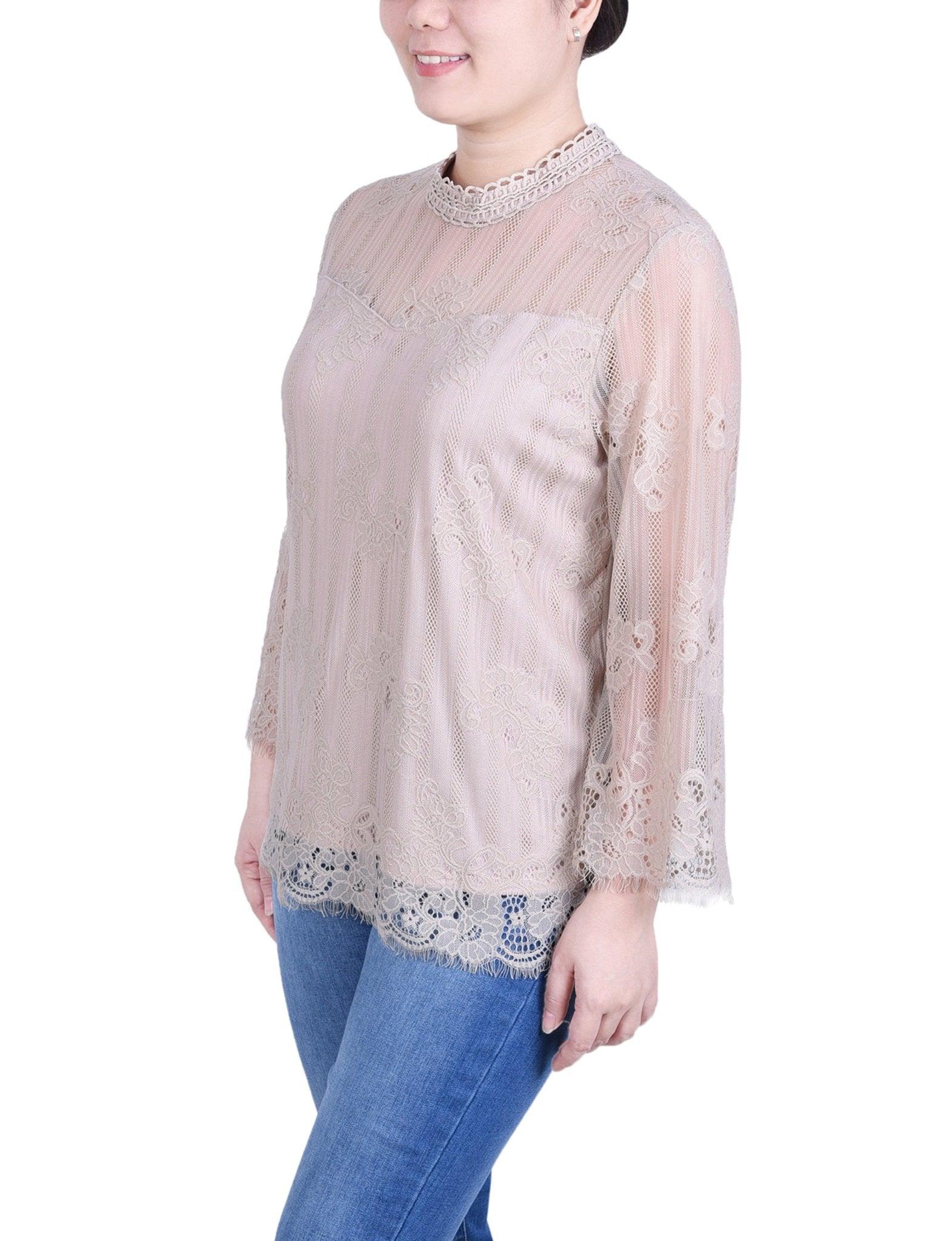 Oxford Tan 3/4 Sleeve Lace Blouse Product Image