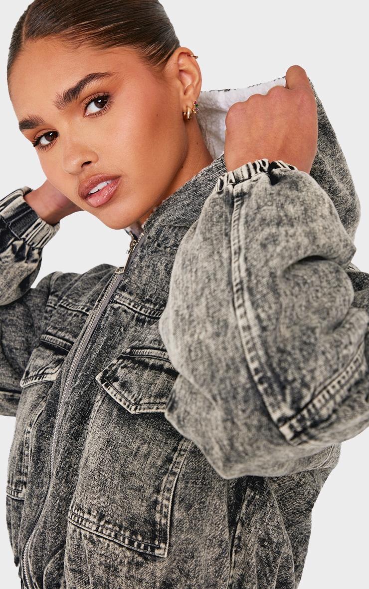 Washed Grey Faux Fur Lined Hood Cropped Denim Jacket Product Image