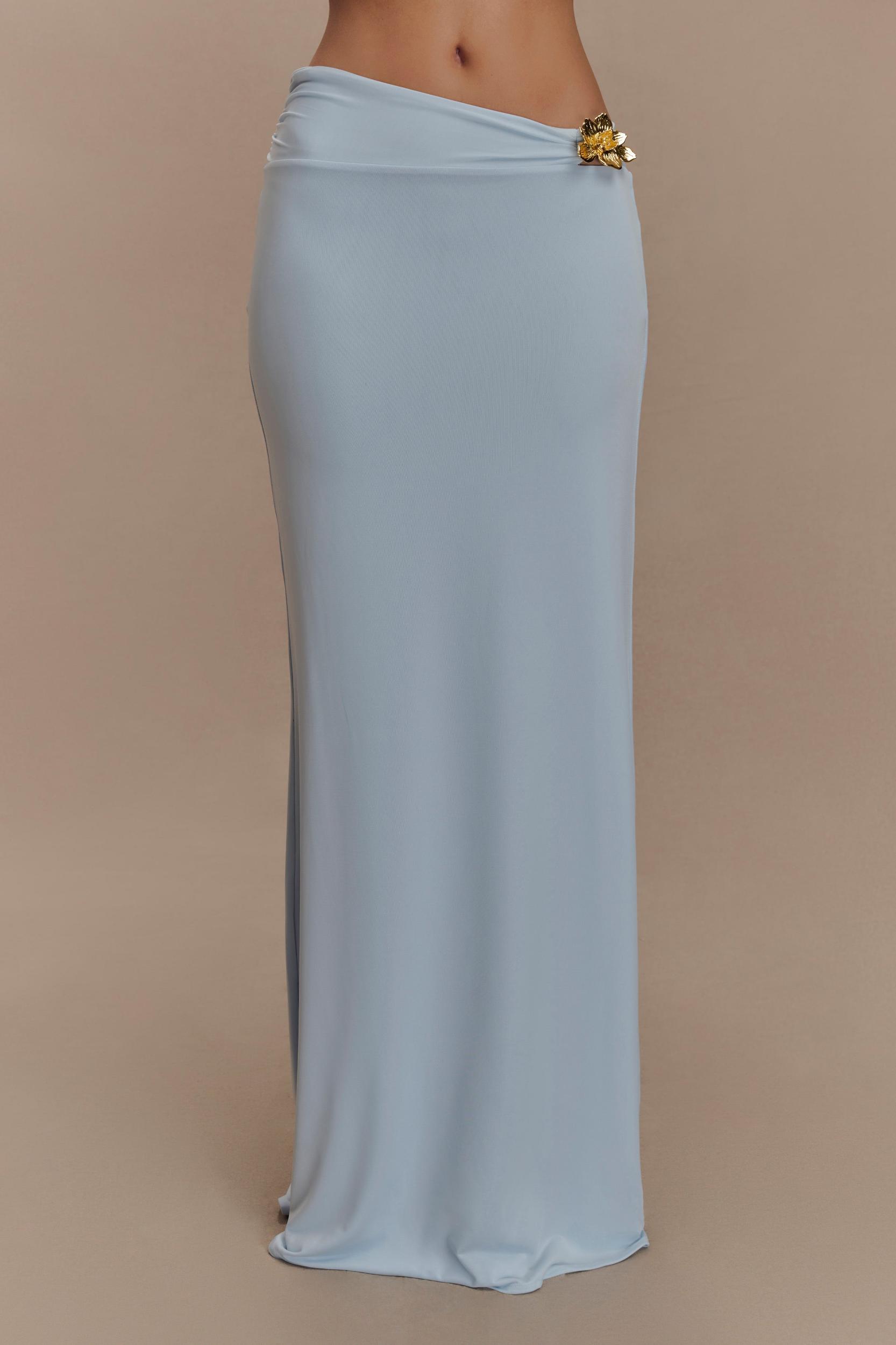Ainsley Asymmetrical Maxi Skirt With Floral Hardware - Pale Blue Product Image