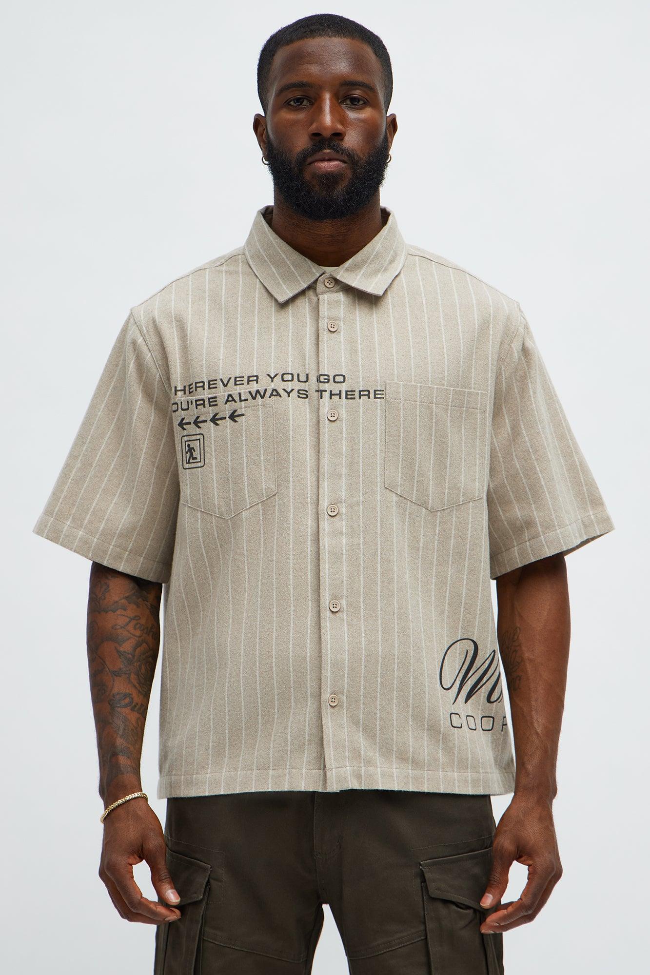 Worldwide Striped Cropped Button Up Shirt - Stone Male Product Image