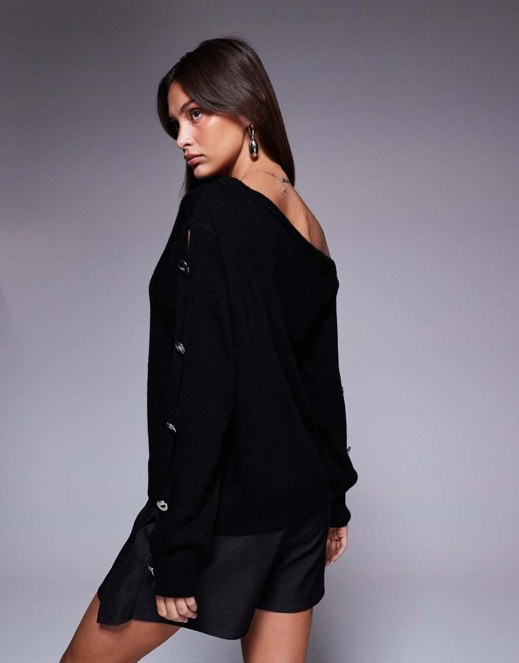 ASOS DESIGN off shoulder sweater with metal button sleeves in black Product Image