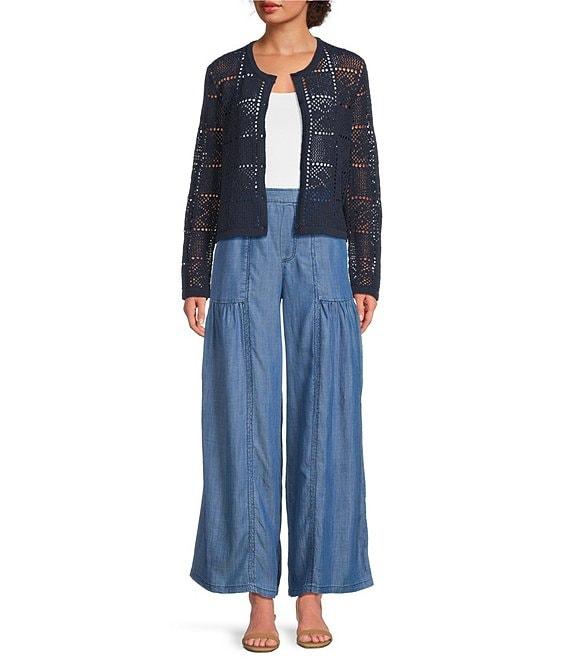 Current Air Pointelle Knit Round Neck Long Sleeve Button Front Cardigan Product Image