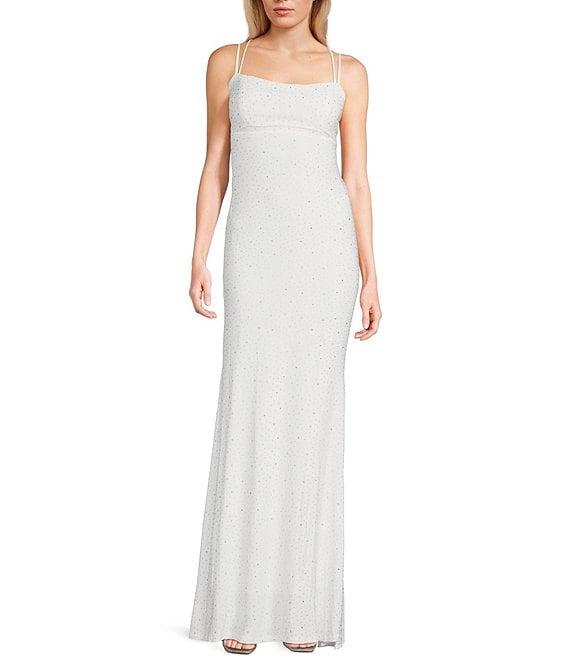 Jump Rhinestone Square Neck Spaghetti Strap Lace Up Back Gown Product Image