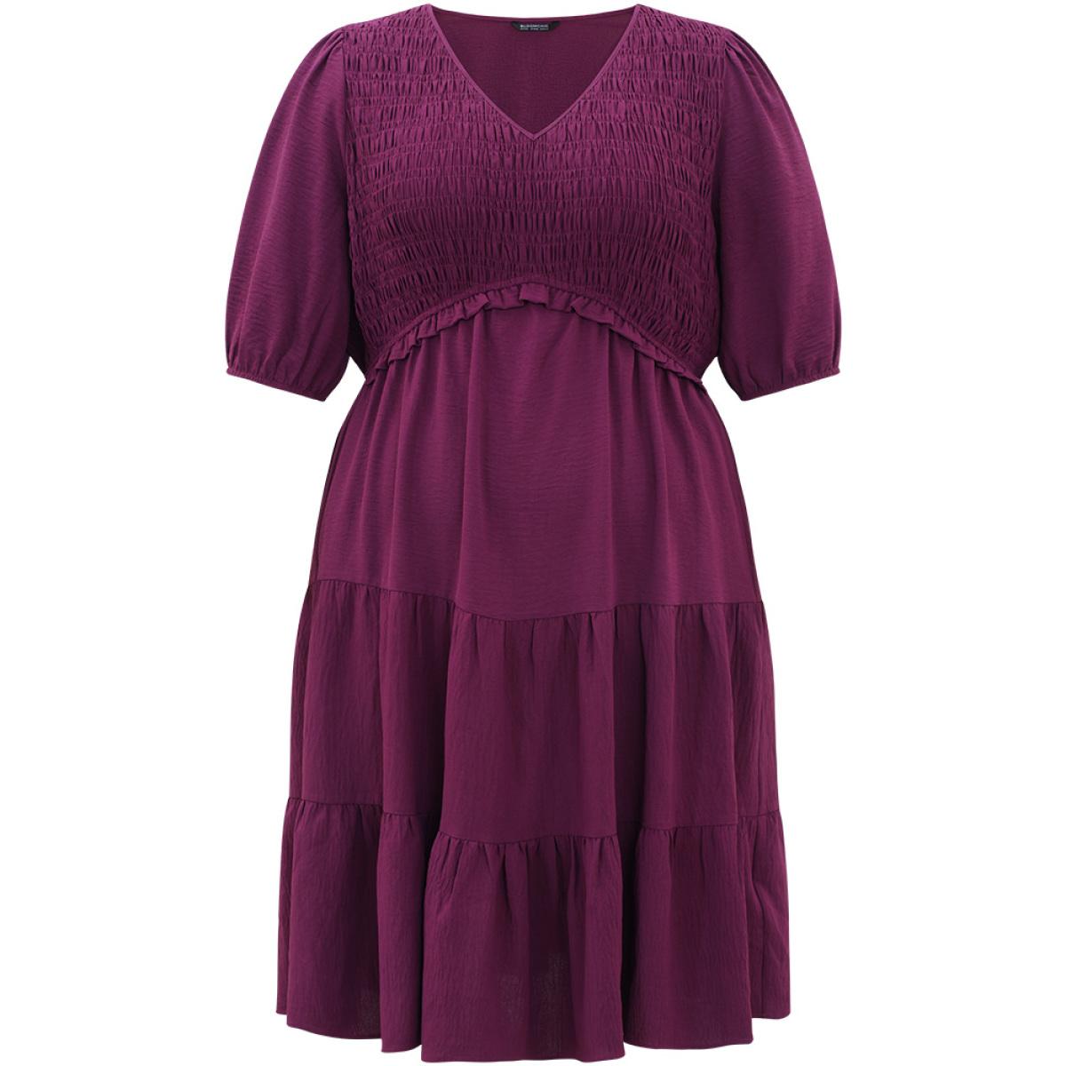 Plus Size Solid Shirred Pocket Frill Trim Layered Dress Purple Women Elegant Plain V-neck Short sleeve Curvy Midi Dress BloomChic 18-20/2X Product Image