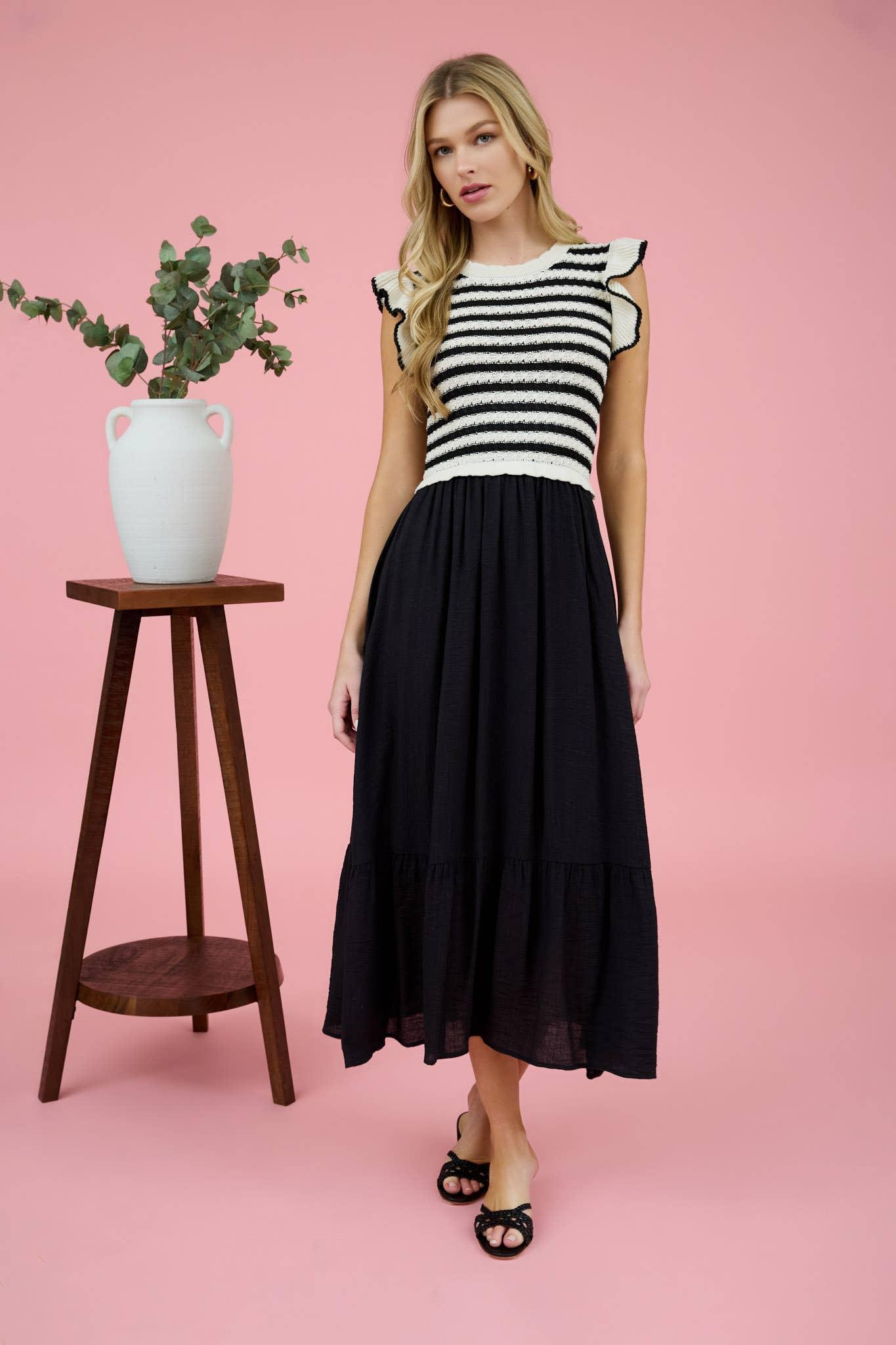 STRIPE SWEATER TOP MIXED MEDIA MIDI DRESS: NAVY Product Image