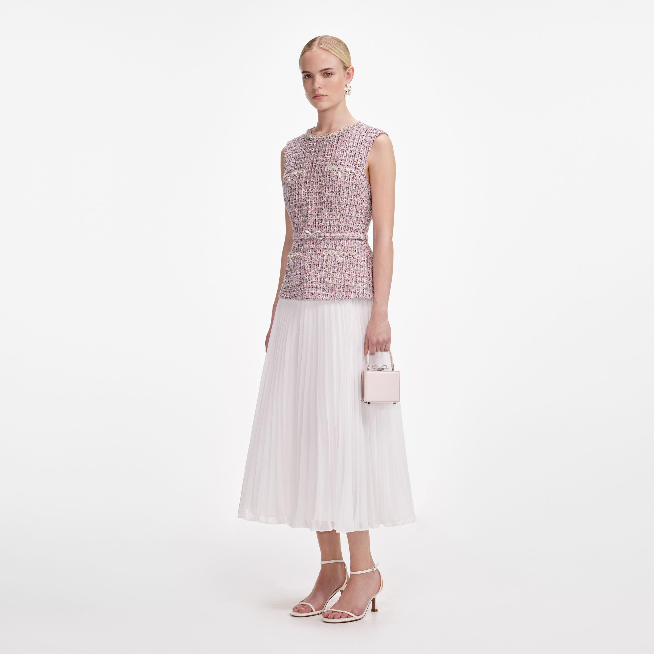 Pink Boucle Chiffon Midi Dress Product Image