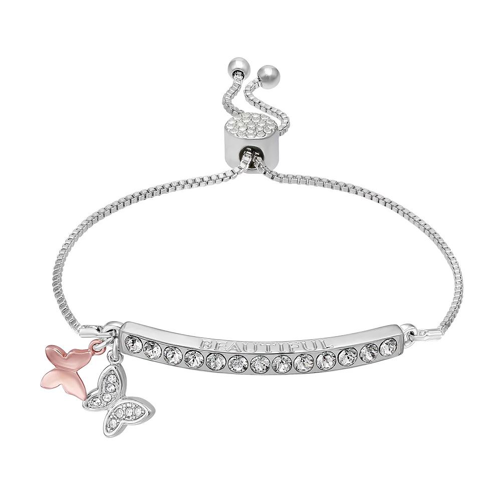 Brilliance Crystal Butterfly Charm Adjustable Bar Bracelet, Women's, Size: 7", Two Tone Pink Clear Product Image