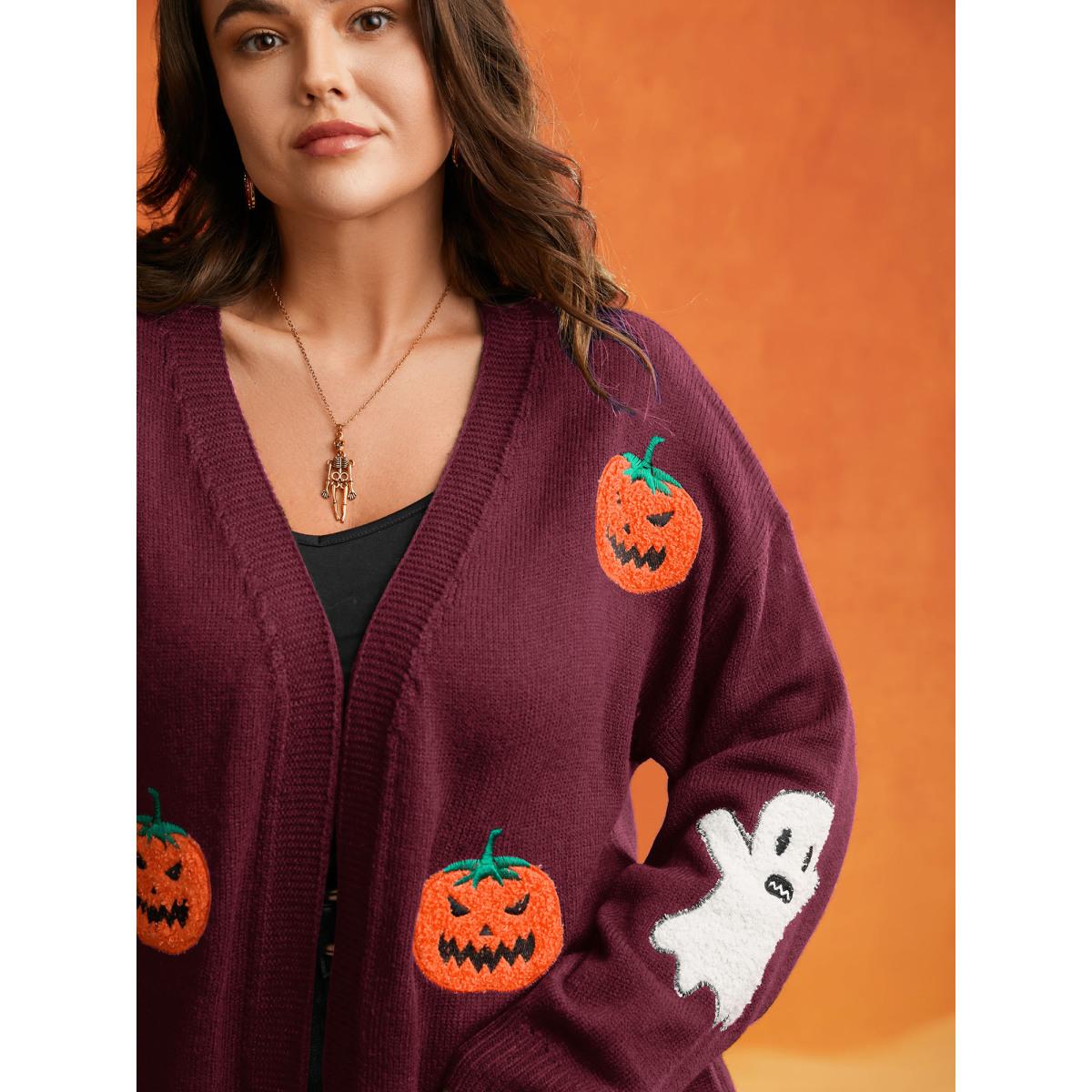 Plus Size Pumpkin Ghost Embroidery Open Cardigan Indigo Women Playful Loose Long Sleeve Casual Cardigans BloomChic 26/4X Product Image