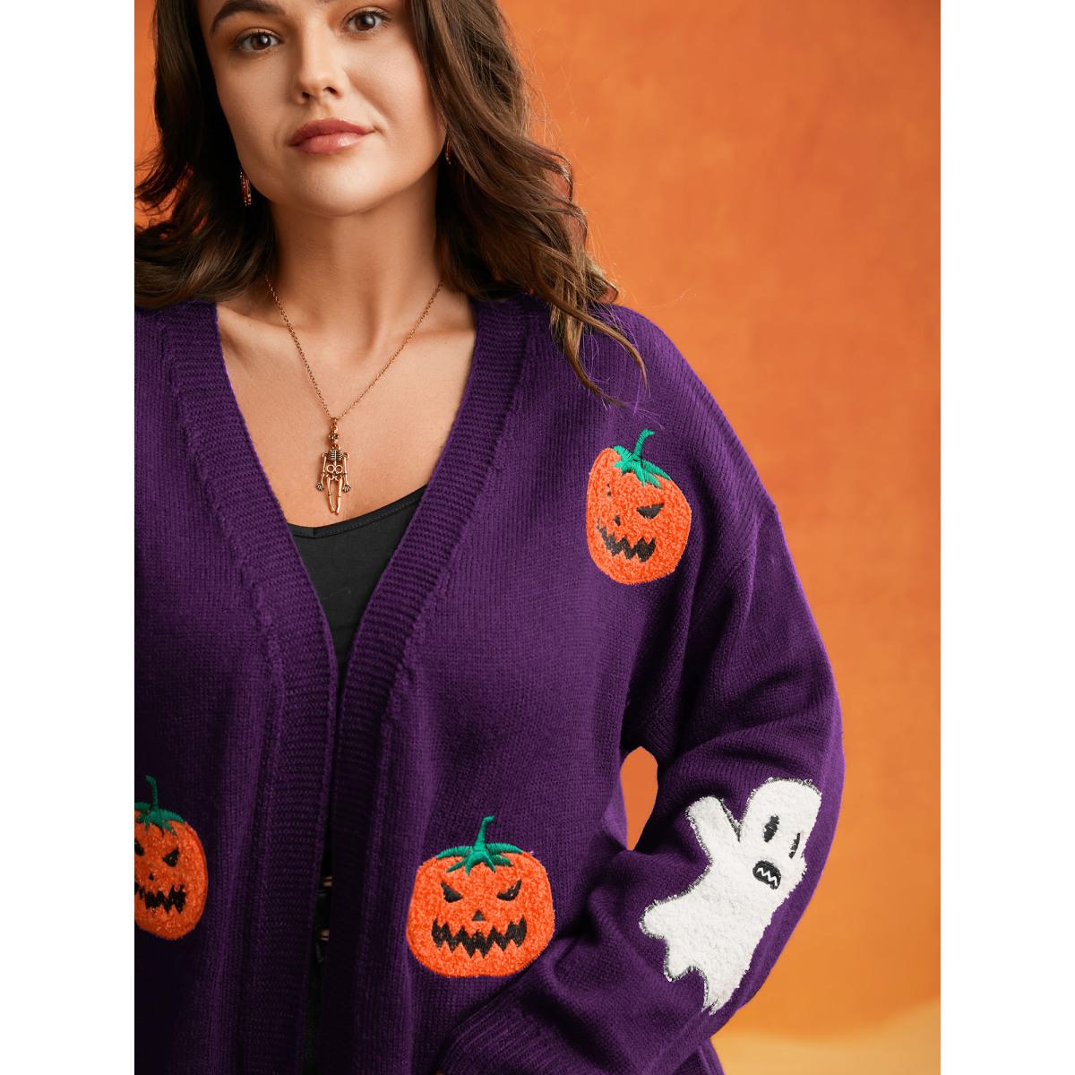 Plus Size Pumpkin Ghost Embroidery Open Cardigan Deeppurple Women Casual Loose Long Sleeve Everyday Cardigans BloomChic 30/6X Product Image