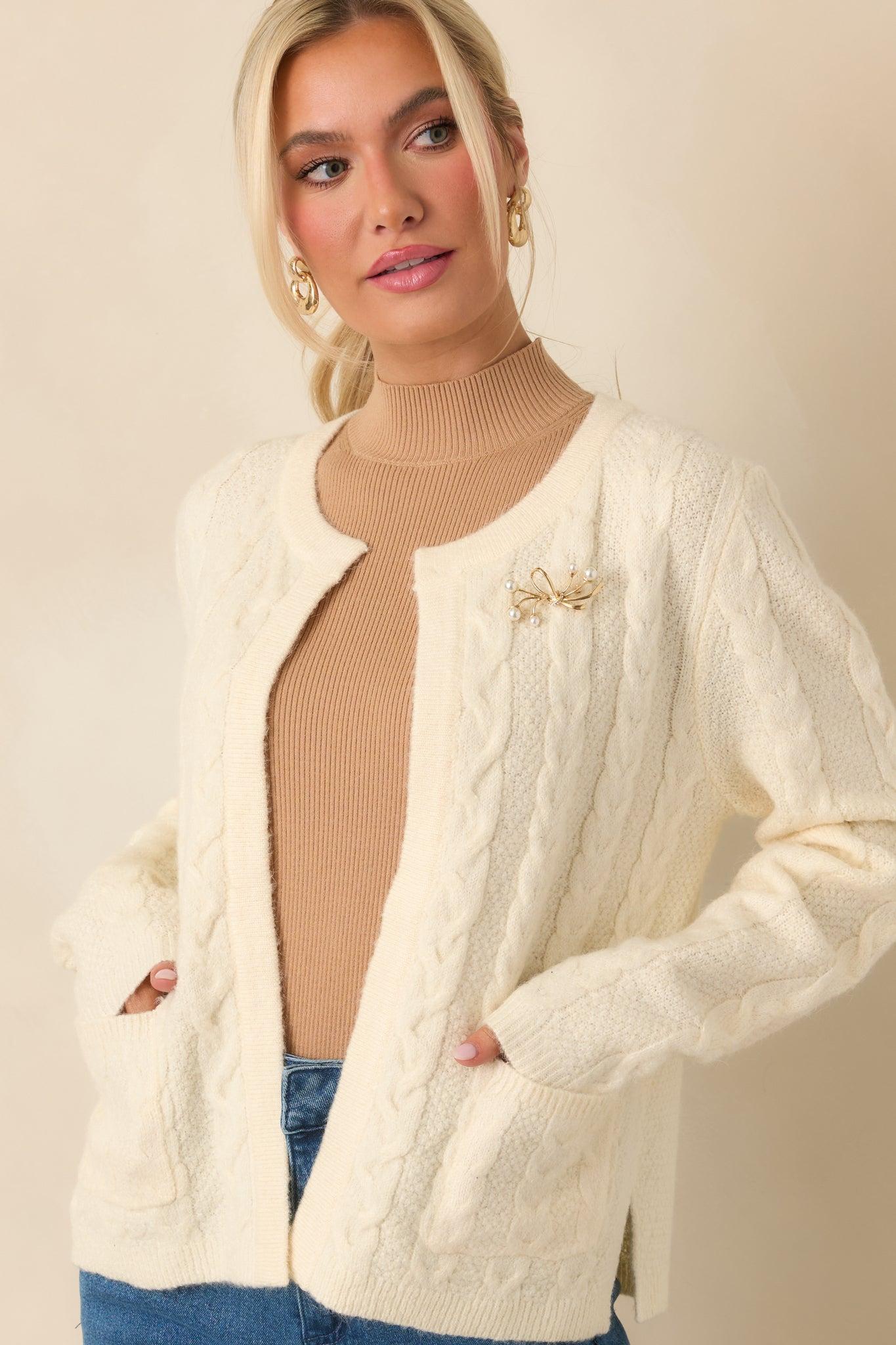 Just Like This Ivory Cable Knit Open Front Cardigan Product Image