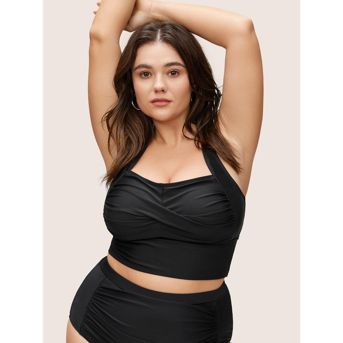 Plus Size Solid Crossover Square Neck Adjustable Straps Swim Top Women's Swimwear Black Resort Twist High stretch Skinny Square Neck Curve Swim Tops BloomChic 28/5X Product Image