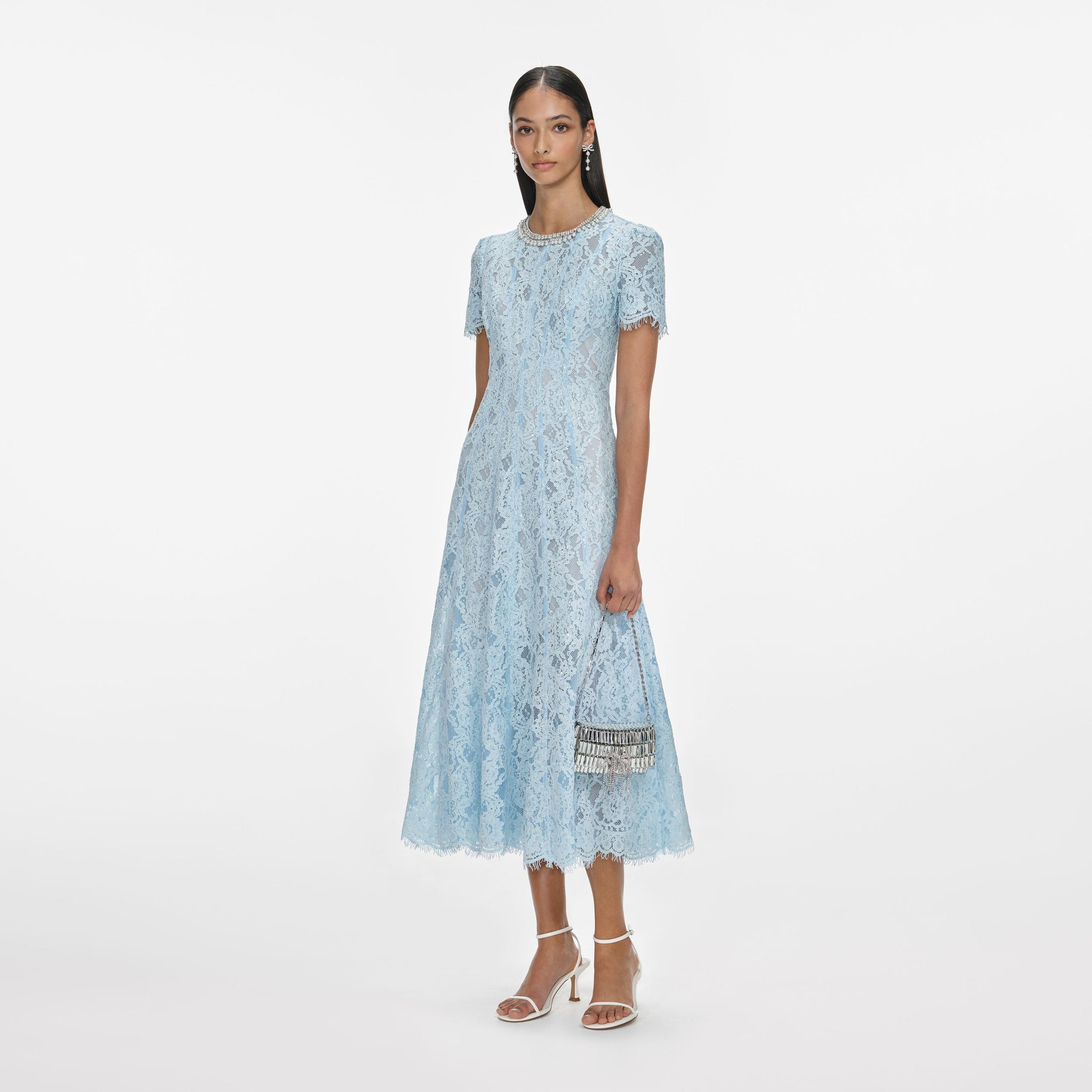 Blue Lace Embellished Midi Dress Product Image