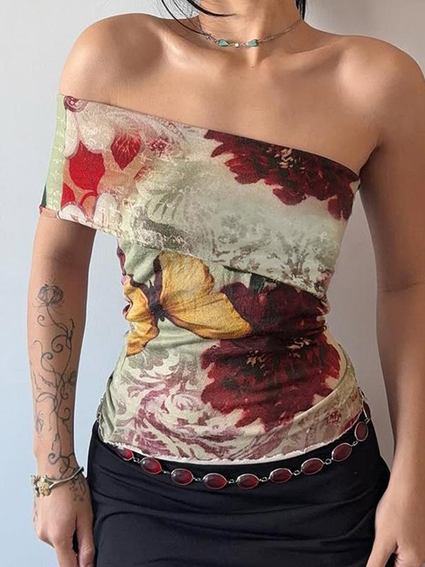One Shoulder Vintage Print Tank Top Product Image