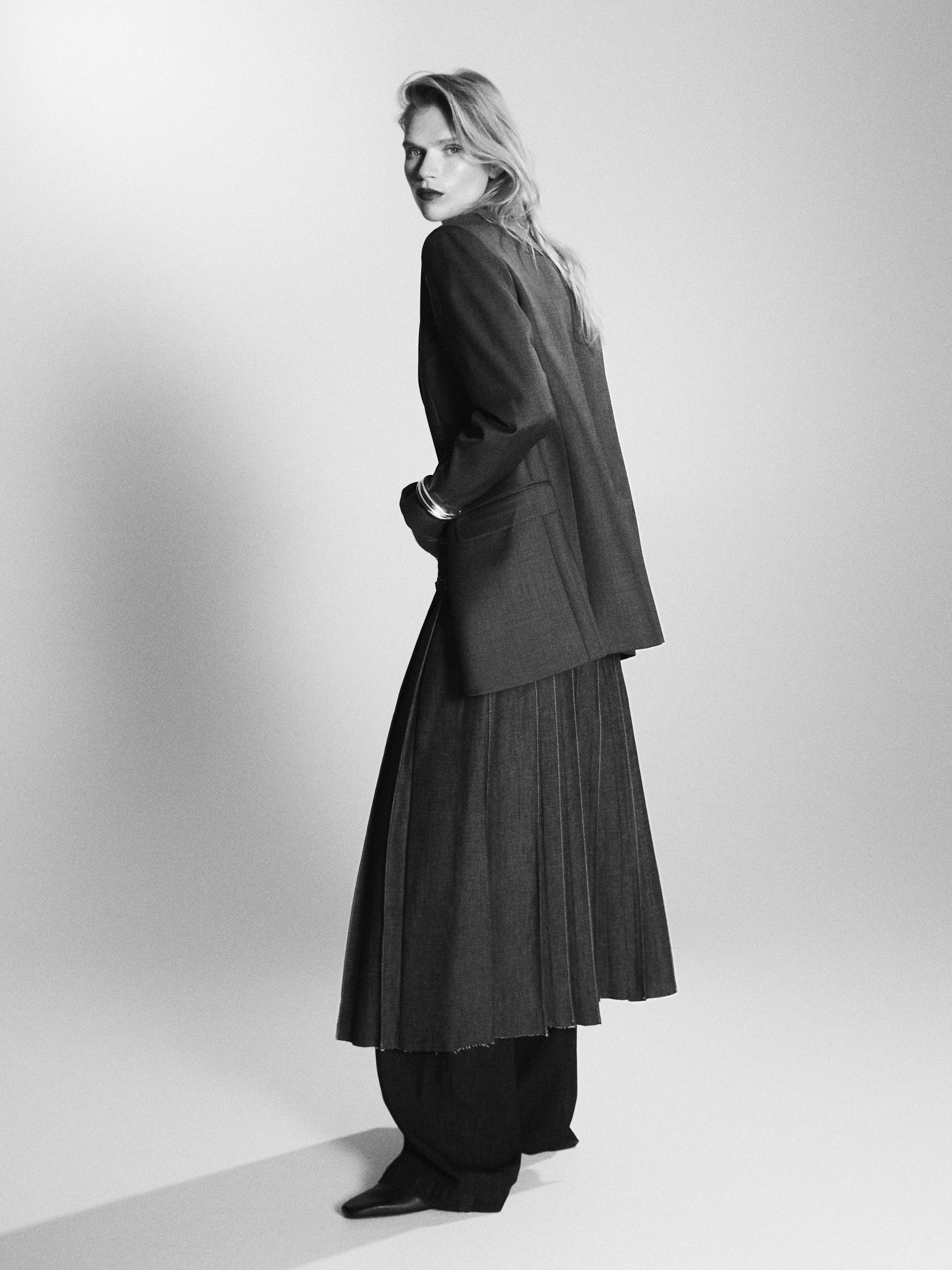 Denim midi skirt with box pleats Product Image