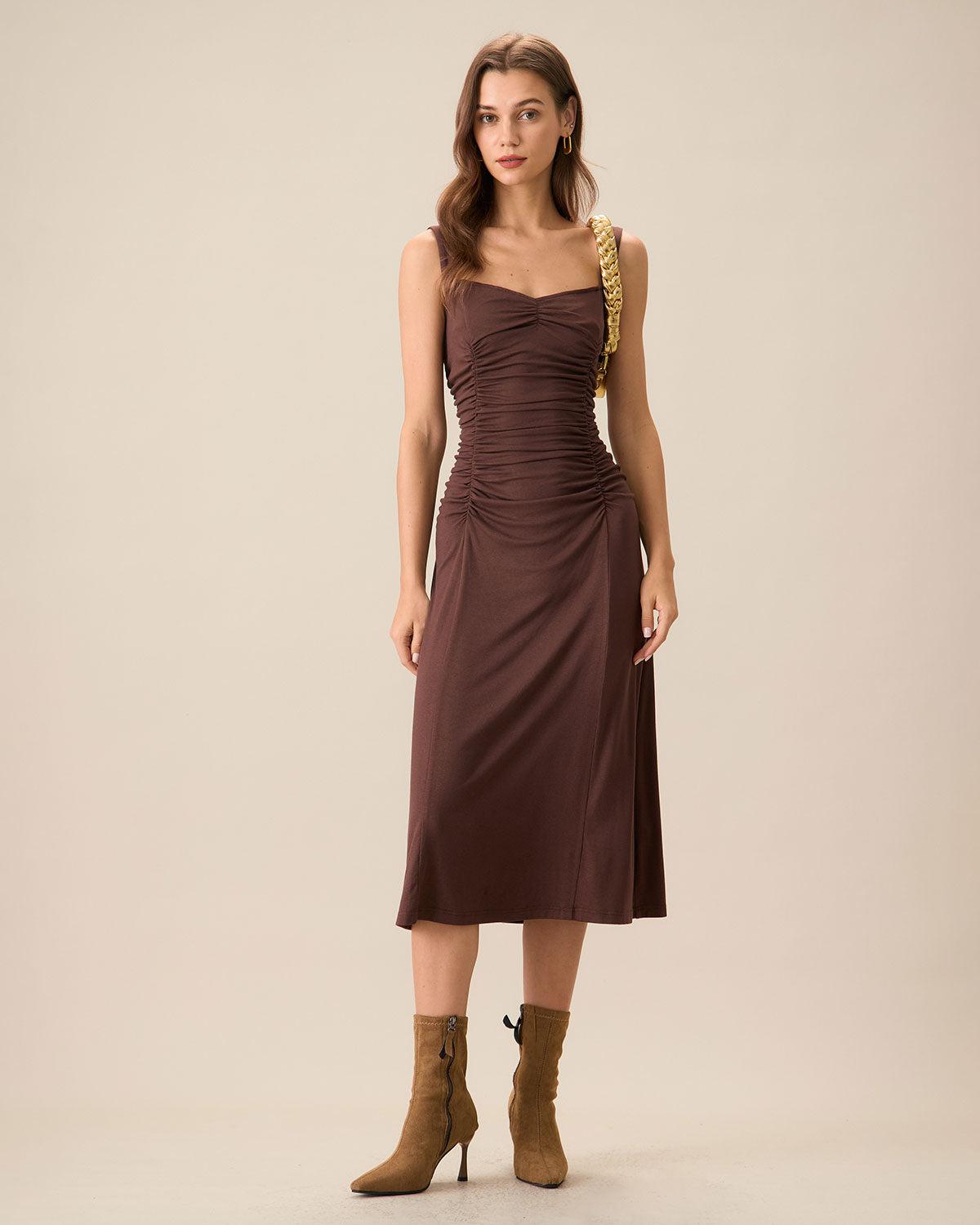 Women's Coffee Ruched Knitted Slip Midi Dress Female Product Image