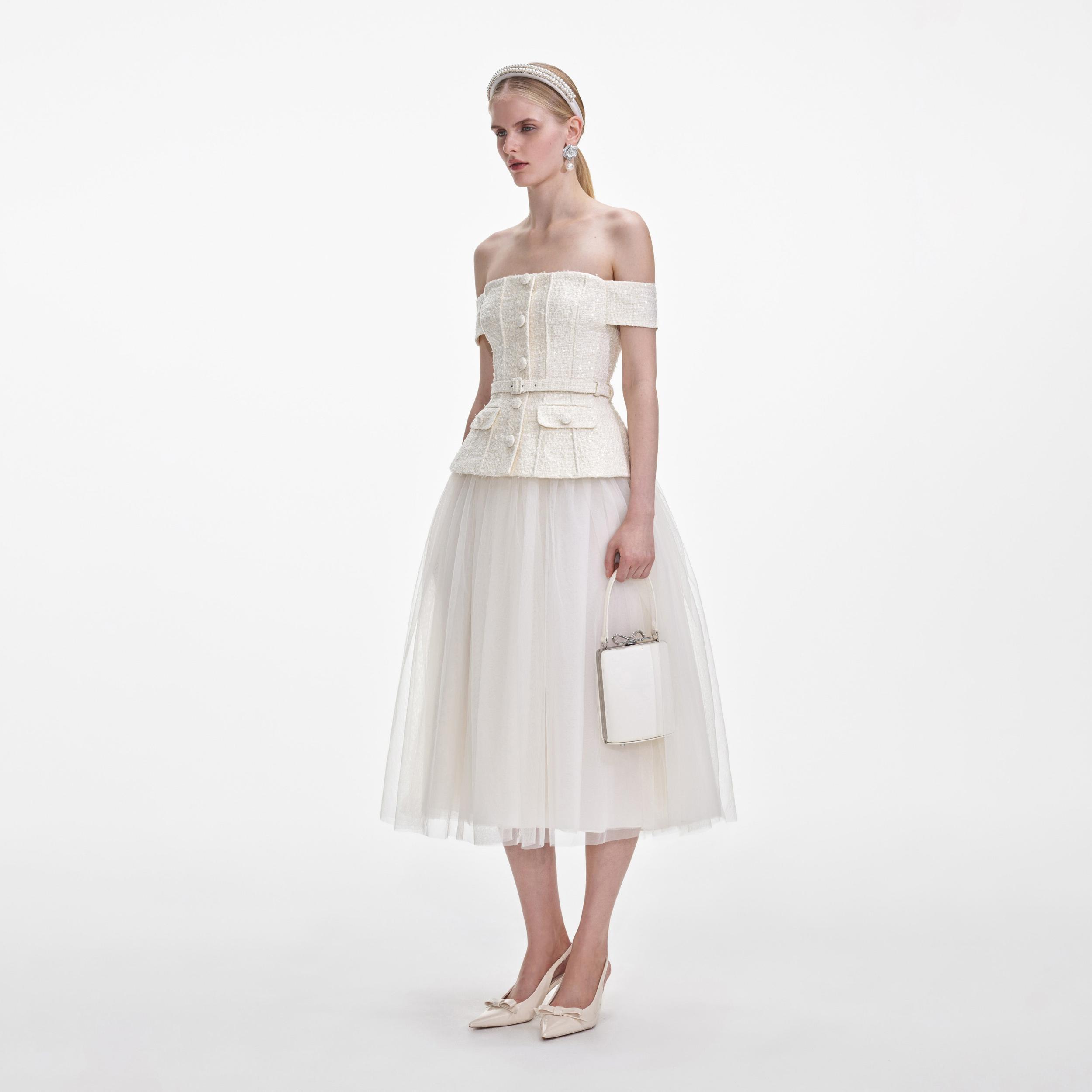 Cream Boucle Tulle Midi Dress Product Image