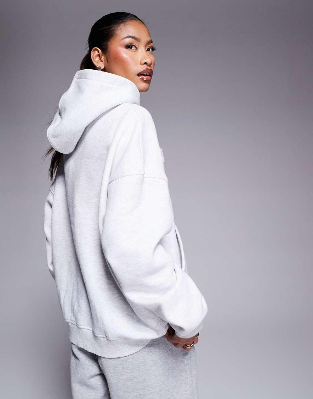 Kaiia Studio logo oversized teddy hoodie in gray and pink Product Image